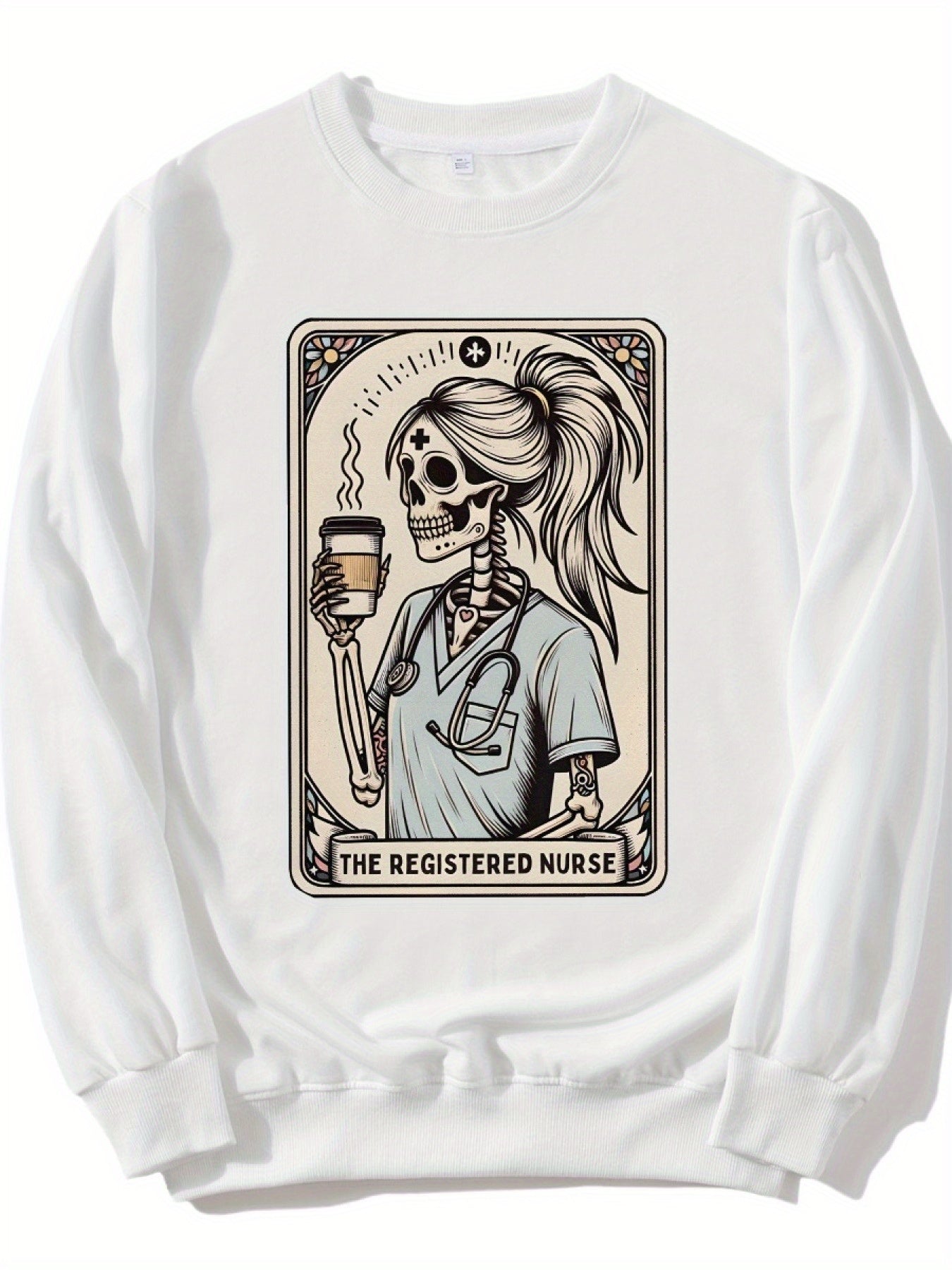 Registered Nurse Tarot Card, Fall RN, Funny Gift for Registered Nurse, Skeleton Nurse Cozy Crew Neck Graphic Print Pullover Sweater - Soft Polyester Fabric, Casual Long Sleeve Fall and Winter Essential - Oversize