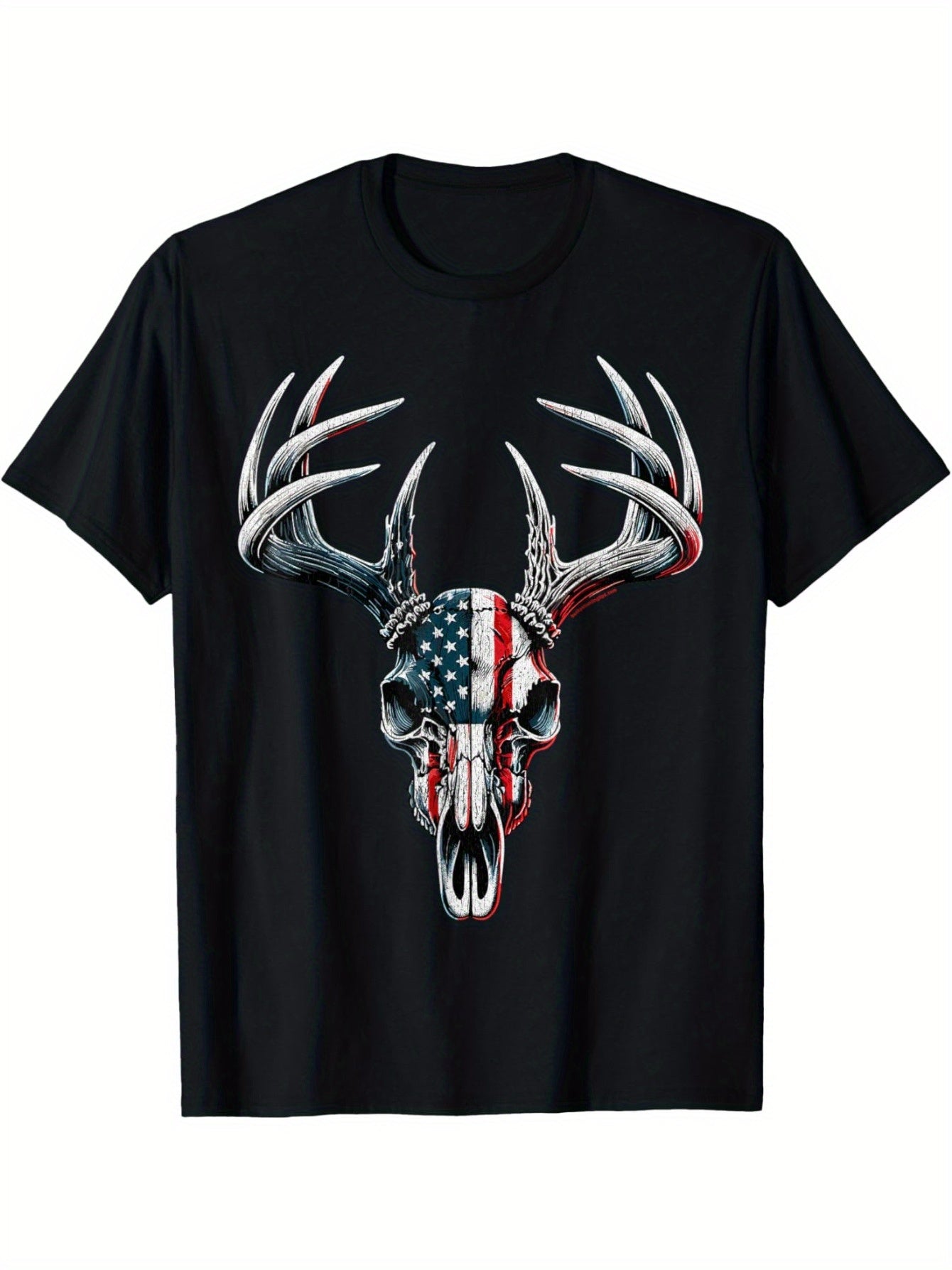 Men Whitetail Deer Hunting American Flag Buck Skull T-Shirt