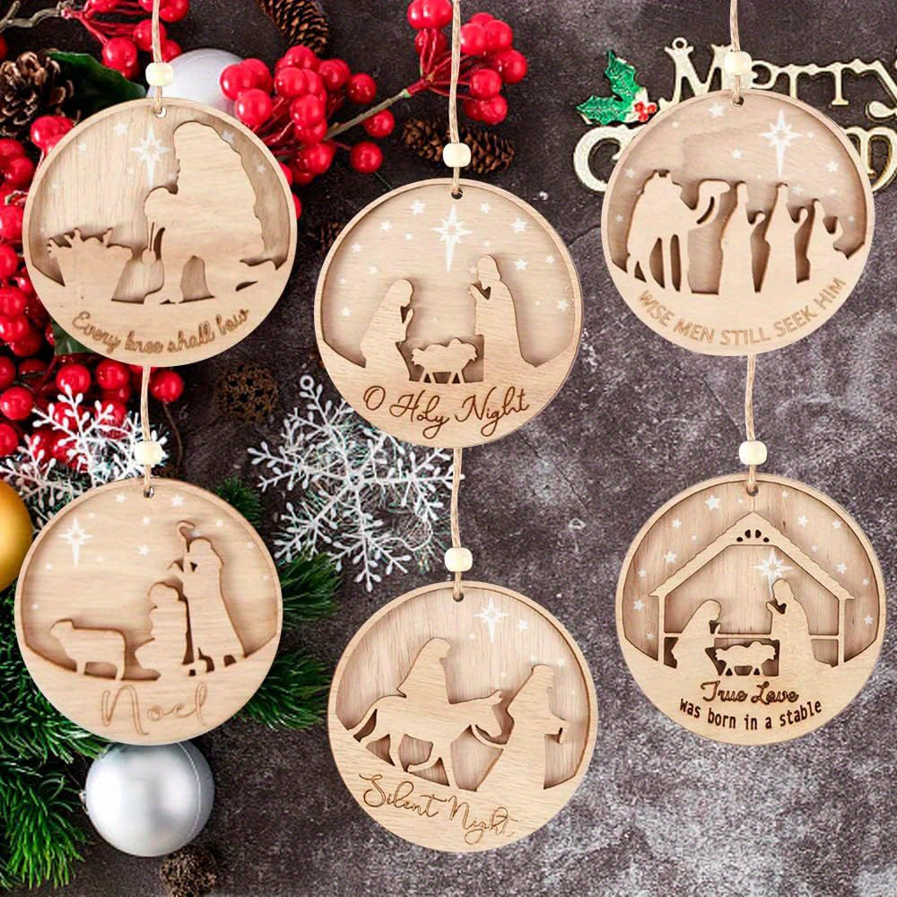 3D Wooden Classic Nativity Scene, Birth of Jesus Decoration, Round Shaped Hanging Ornament Keepsake for Home Room Christmas Decor and Gifts