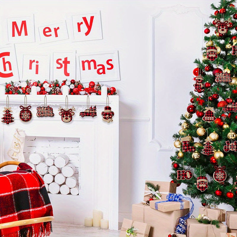 Christmas Decorations Indoor Tree Ornaments, 24Pcs Red Black Buffalo Plaid Burlap Farmhouse Xmas Ornaments, Tree Ball Bell Stocking Shaped Rustic Boho Country Decor for Home Office Family Party