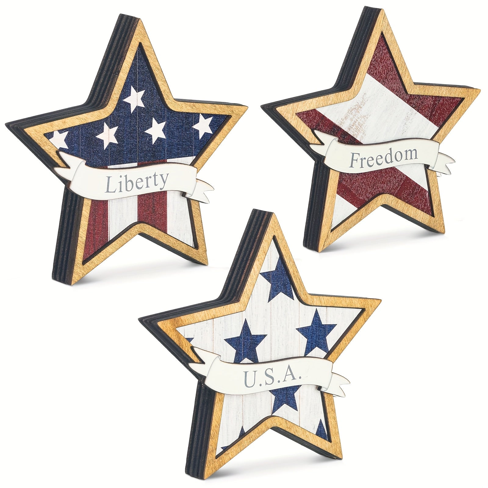 Patriotic American Flag Star Table Decorations - Artificial Wood Cascading Tray Signs with Liberty & Freedom Inscriptions, Red White Blue Independence Day Memorial Day Home Office Party Centerpieces, No Electricity Needed, In
