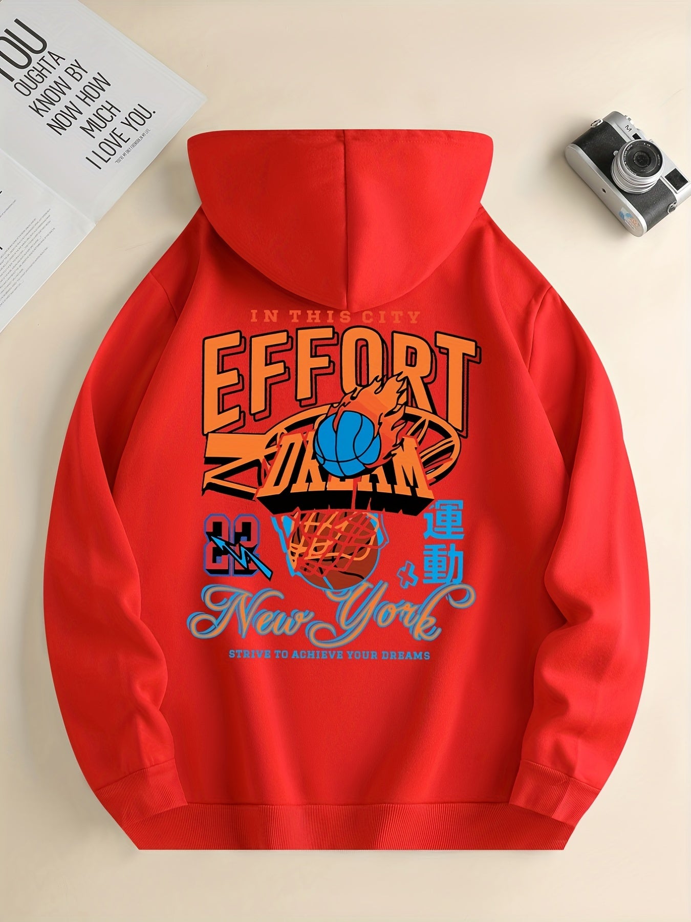 Men'S Trendy Hoodie with Basketball Print - Casual Drawstring Pullover with Kangaroo Pocket, Polyester & Spandex Blend, Machine Washable