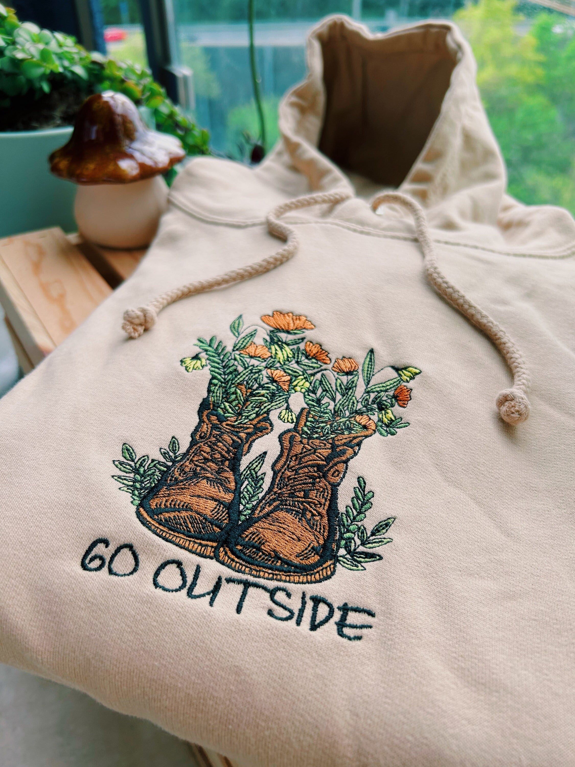 Tan Go Outside Embroidered Hoodie - Unisex Mushroom Floral Fleece Pullover - Hiking Granola - Gifts for Her/ for Him - Cottagecore - Indie
