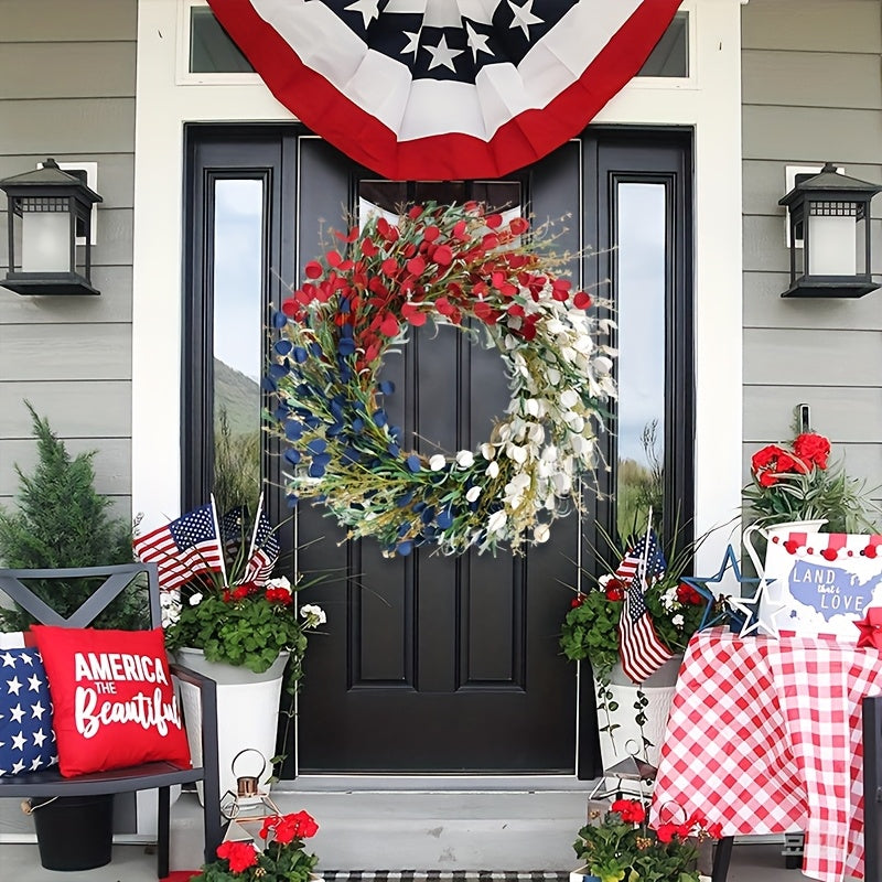 22-inch American Flag Wreath, Patriotic Decor Wreath, Red White And Blue Artificial Floral Stems Wreath. Perfect for 4th Of July Independence Day, Memorial Day, And Flag Day Decorations. This Handcrafted Memorial Day Home Dec