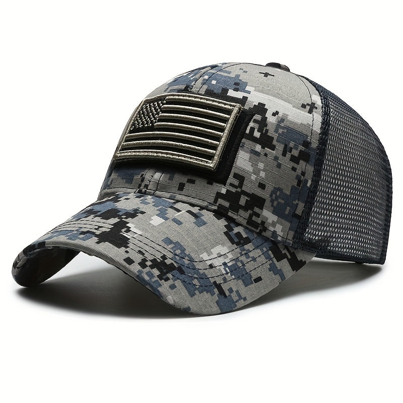 Quick-Dry Breathable Polyester Tactical Camo Baseball Cap - Adjustable Button Closure, American Flag Patch, Sun Protection - Independence Day, Hiking, Fishing & Outdoor Adventures