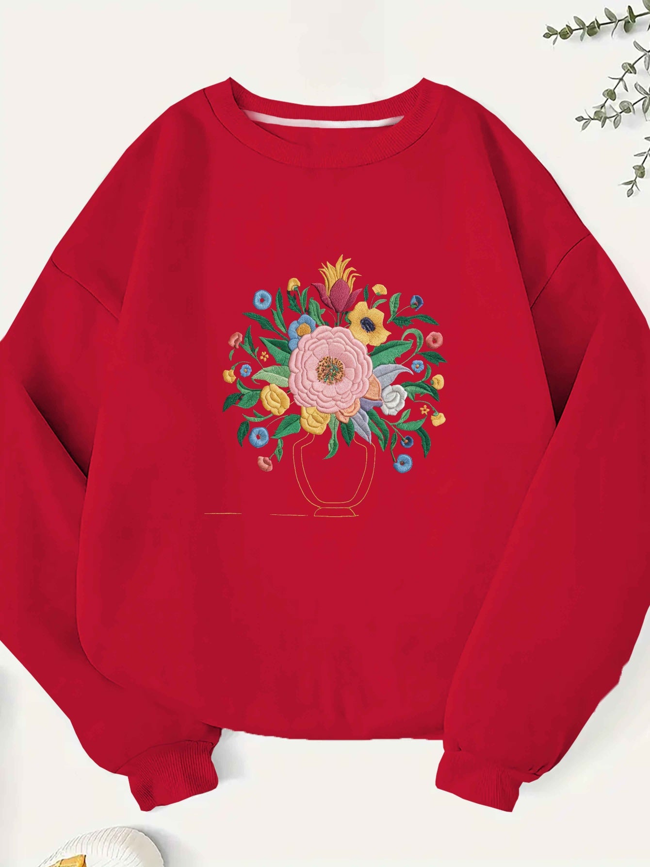Embroidered Floral Pattern Illustration 250G Women'S Plus Size Sweatshirt