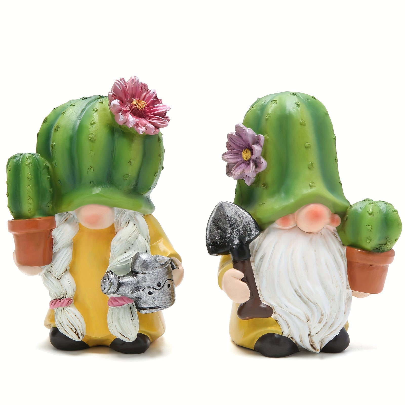 Resin Cactus Garden Gnomes Figurines - Spring Summer Green Plant Elf Decor, Tiered Tray Cacti Flower Gnome, Southwest Style Desert Outdoor Statues for Indoor and Outdoor Use