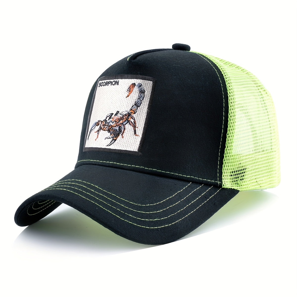 Unisex Embroidered Scorpion Baseball Cap - Breathable Mesh Trucker Hat for Outdoor Sports & Hip-Hop Style, Summer Casual Wear, Black & Beige Design with Bold 