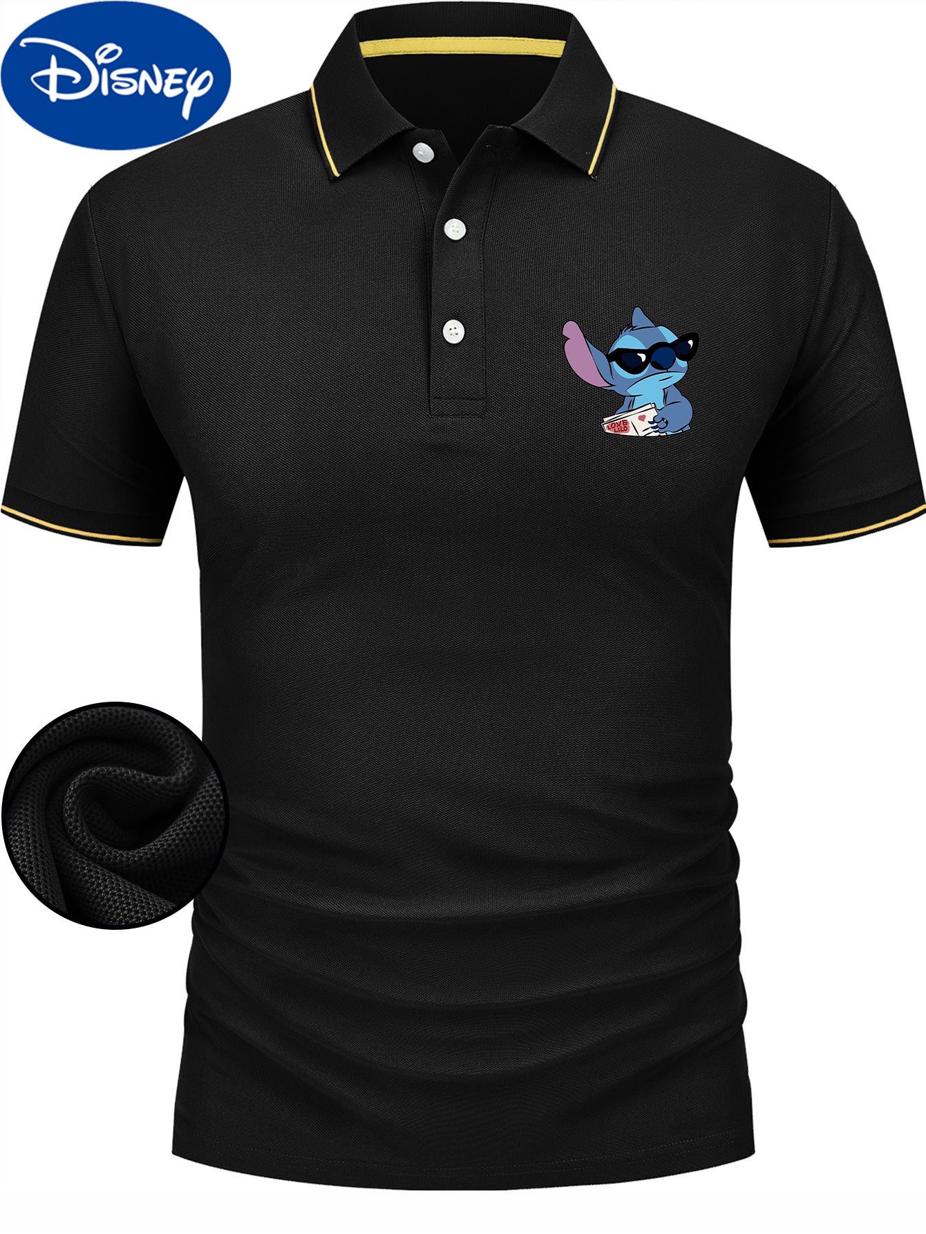 Disney Stitch Cool Glasses Print Short Sleeve Polo Shirt, Premium Business Casual, Short Sleeve Color Blocked Collar Design, Lightweight Polyester, Quick Drying and Breathable Golf Shirt, Polo Shirt, Displayed in Gift Box, Fa