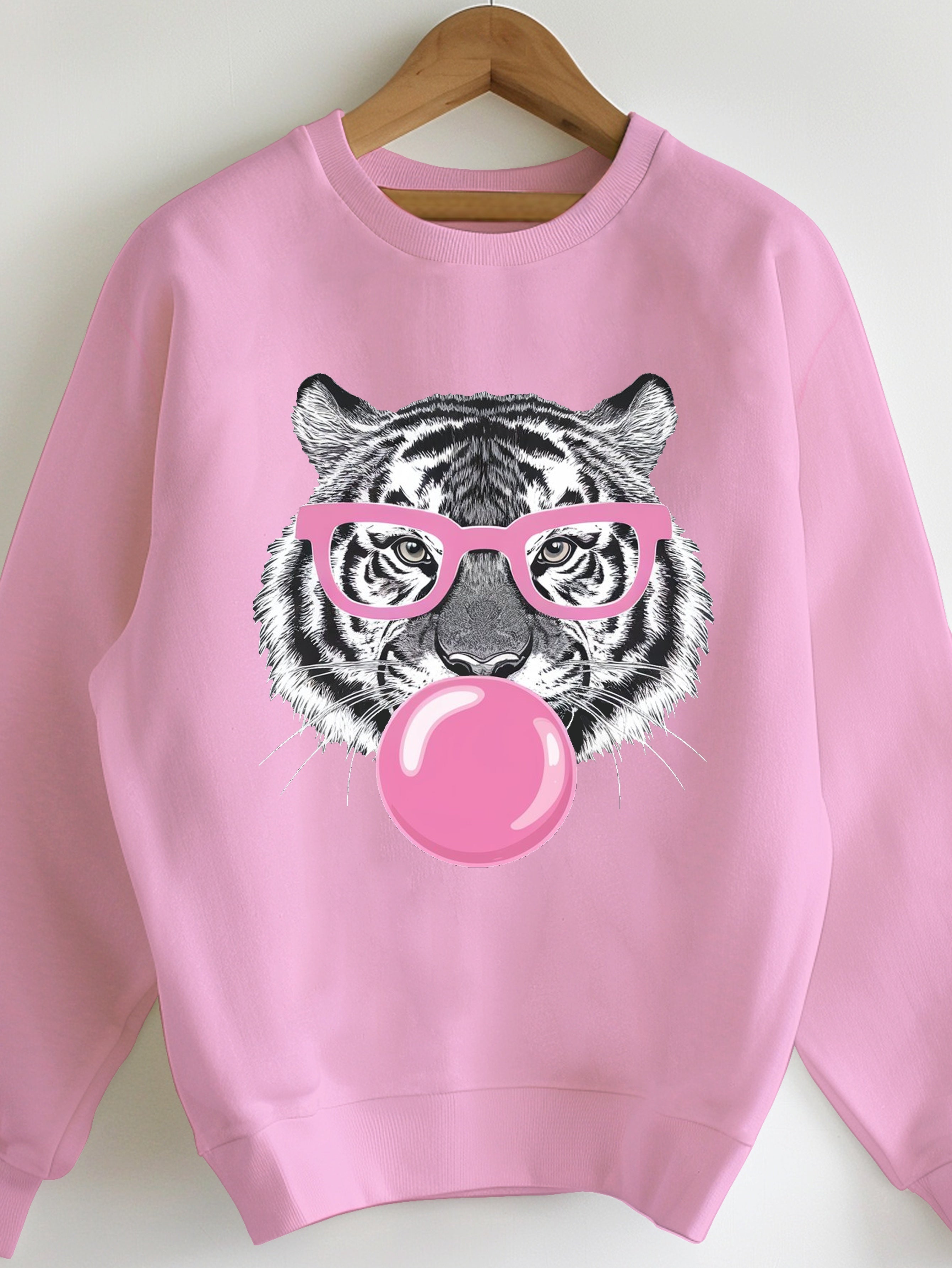 Women's Cozy Green Tiger Bubblegum Graphic Sweatshirt - Casual Crew Neck, Long Sleeve, 100% Polyester Pullover, Machine Washable - Perfect for Fall/Winter