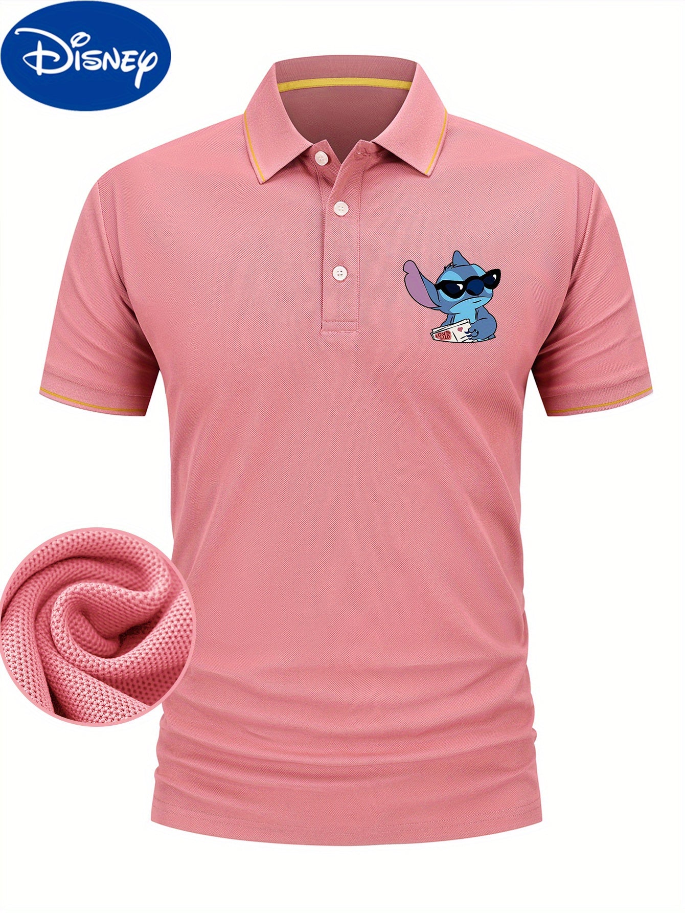 Disney Stitch Cool Glasses Print Short Sleeve Polo Shirt, Premium Business Casual, Short Sleeve Color Blocked Collar Design, Lightweight Polyester, Quick Drying and Breathable Golf Shirt, Polo Shirt, Displayed in Gift Box, Fa