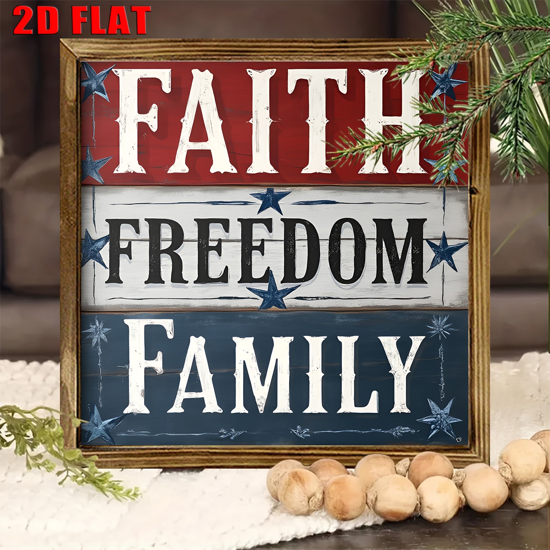 [2D FLAT]8x8 Inch Rustic Wood Wall Art Sign - Farmhouse Style Faith Freedom Family Decor with Distressed White Background & Red/Blue Stars, No Electricity Needed, Easy Wall-Mounted for Kitchen Bathroom Living Room Entryway, H