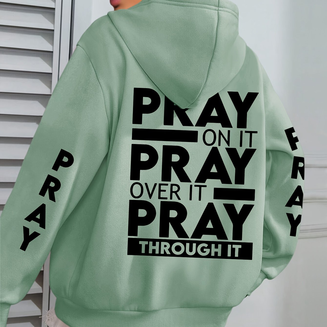 Plus Size PRAY Print Kangaroo Pocket Hoodie - Cozy Casual Long Sleeve Drawstring Sweatshirt with Relaxed Fit for Spring and Fall, Soft and Breathable Fabric, Women's Comfortable Plus Size Clothing