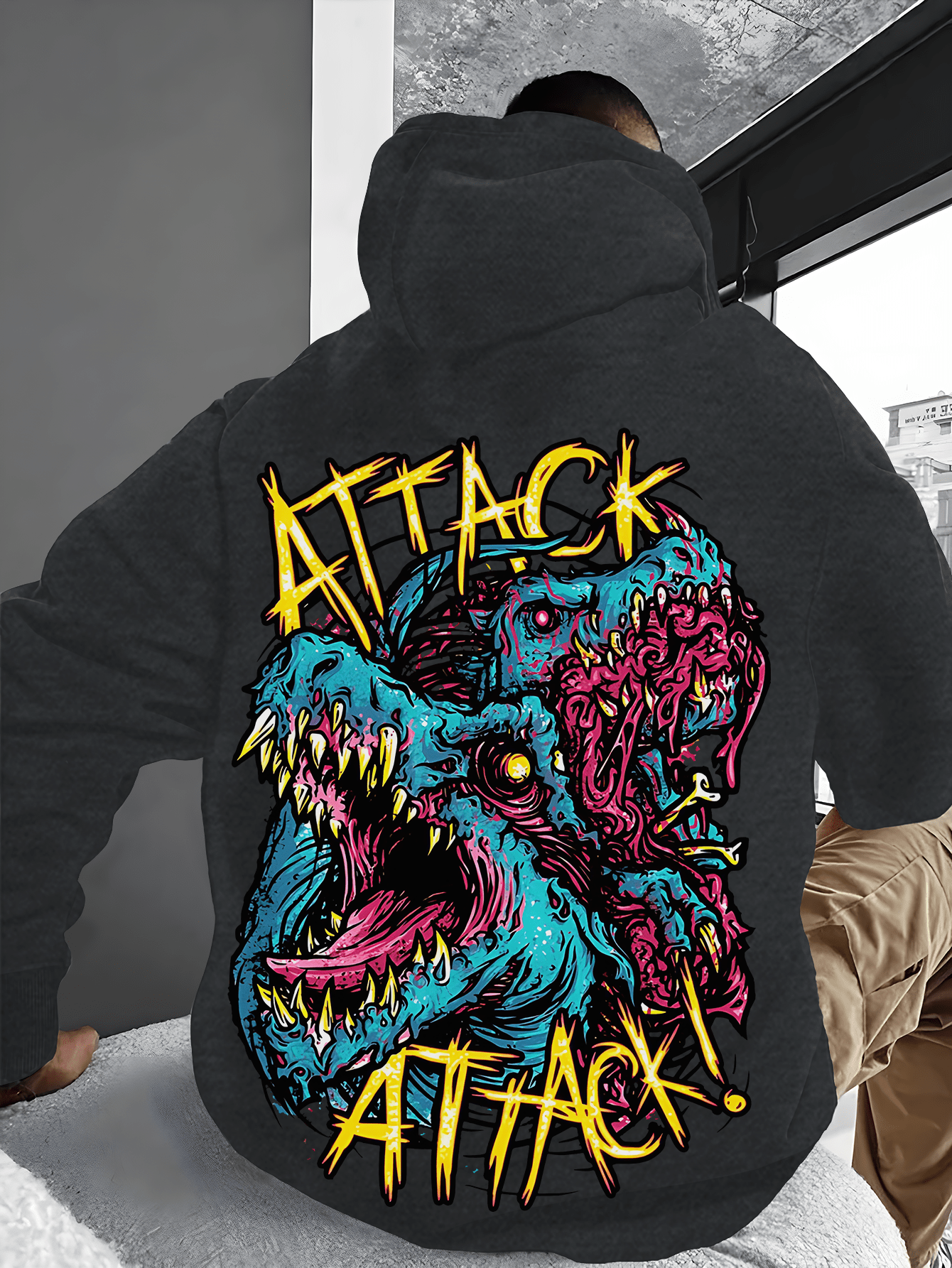 Handsome Men'S Hoodie with Dinosaur Yellow English Letters Printed with Horror Elements, Featuring Pocket Details for Easy Release And Storage. The Fabric Is Soft And Comfortable, Making It The Perfect Choice