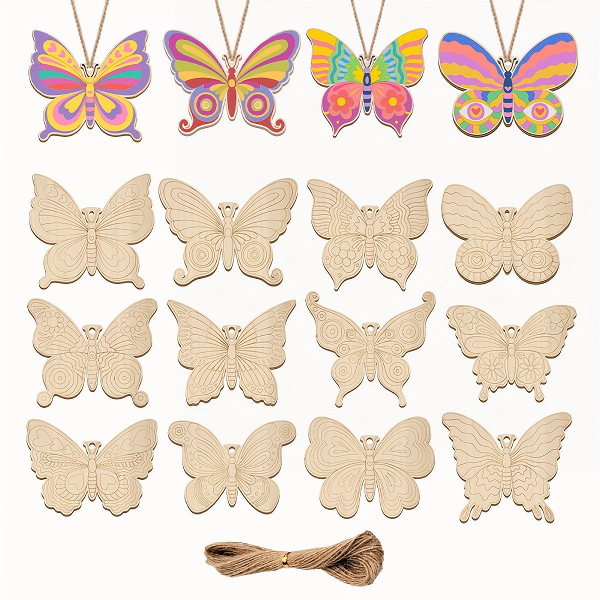 Party Pack, 24pcs Unfinished Butterflies Wooden Decor, Butterflies Coloring Wooden Craft, Hanging Ornaments - DIY Craft Kit - DIY Painting Set - Perfect For Holidays, Birthdays, Room Decor