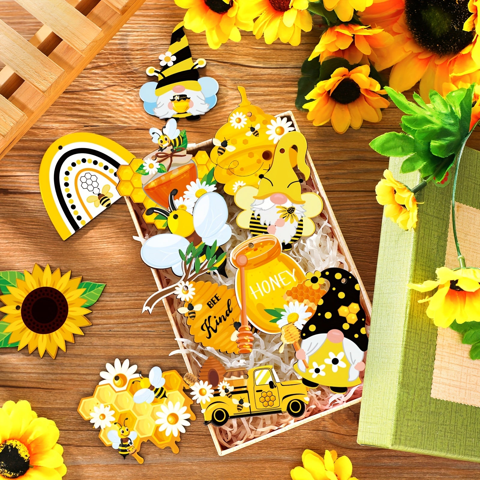 [Bee Wooden Ornaments] 24pcs Wooden Bee Ornaments | Bee Hanging Sign, Bee Gnome, Wood Hanging Decoration for Bee Themed Party