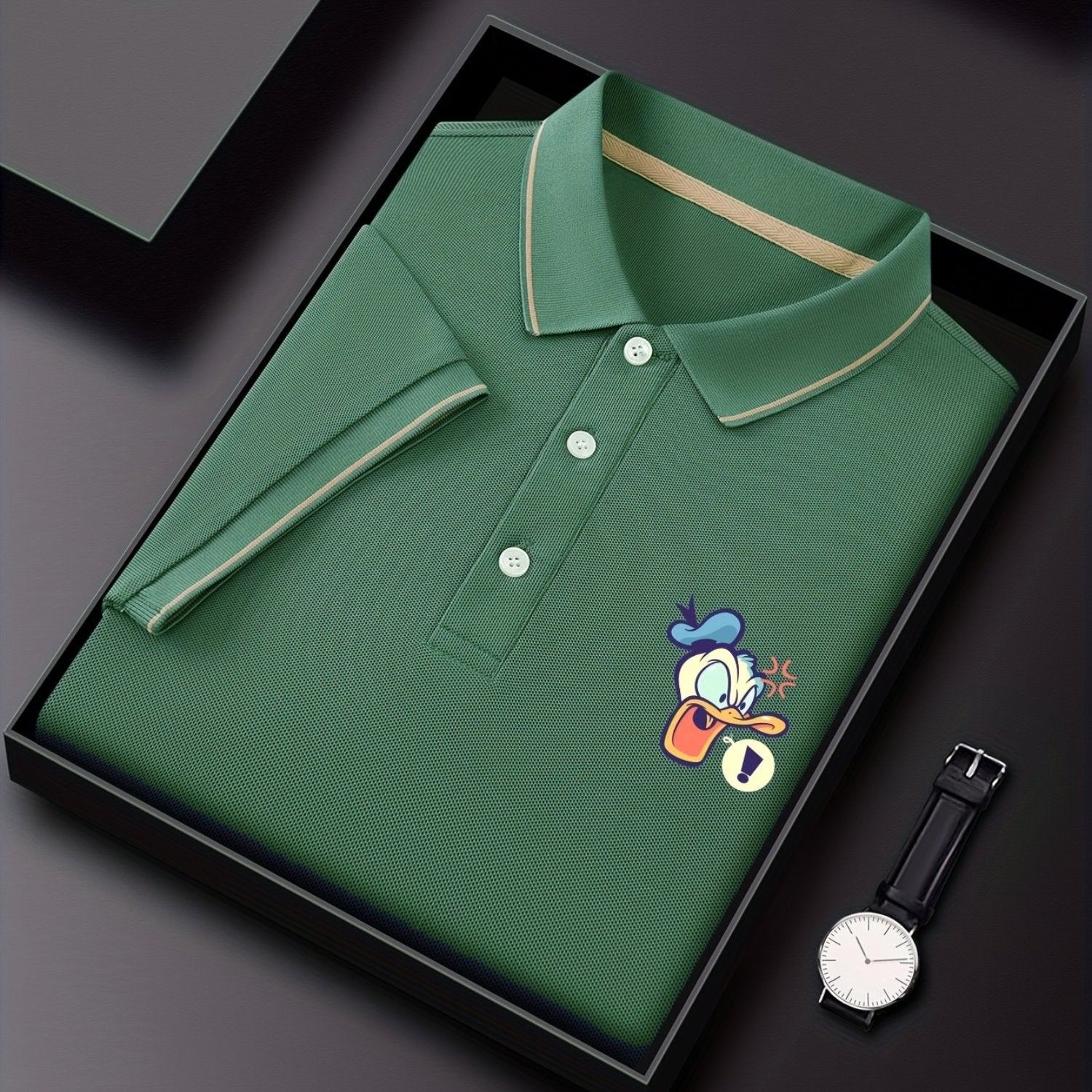 Disney Donald Duck Printed Men'S Summer Classic POLO Shirt, Advanced Business Casual, Contrasting Collar Design, Light, Breathable And Quick-Drying Polyester [Official License]