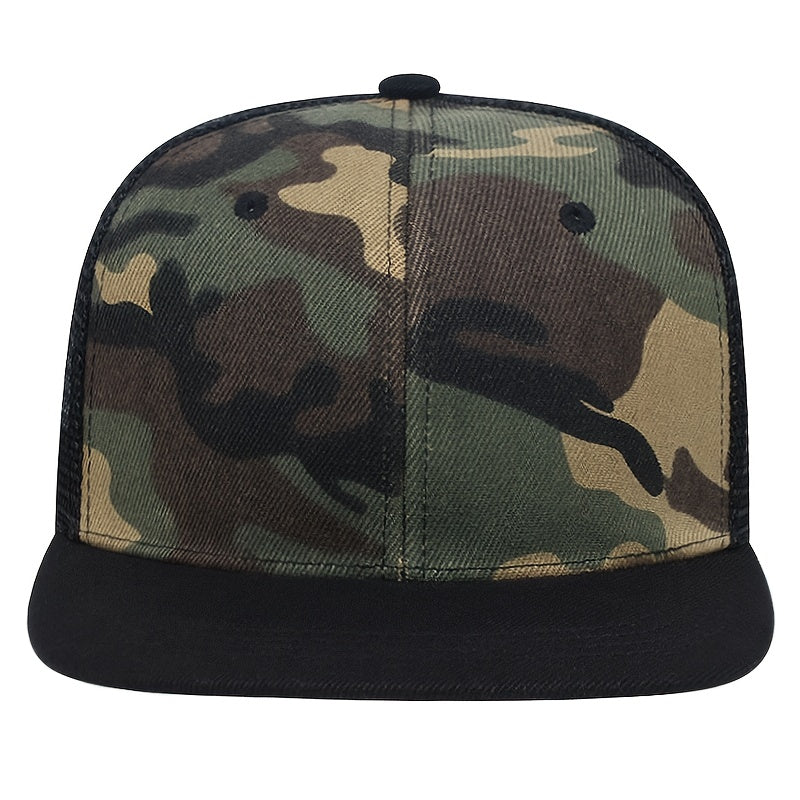 1pc Camouflage Baseball Cap, 100% Acrylic Knitted Snap Closure, Lightweight Adjustable Flat Brim Hat for Outdoor Sunshade, Movie Theme Party Accessory