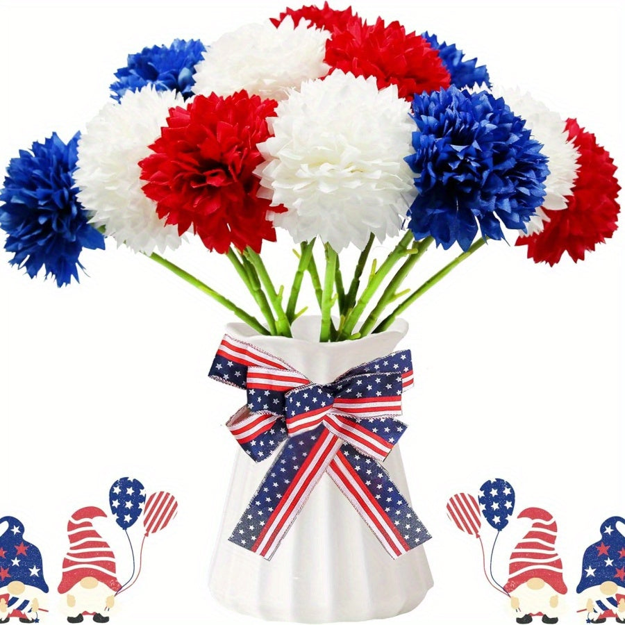 Patriotic Artificial Flowers Red White Blue Ball Chrysanthemum Bouquet | 4th Of July Memorial Family Gathering Center Vase Decoration