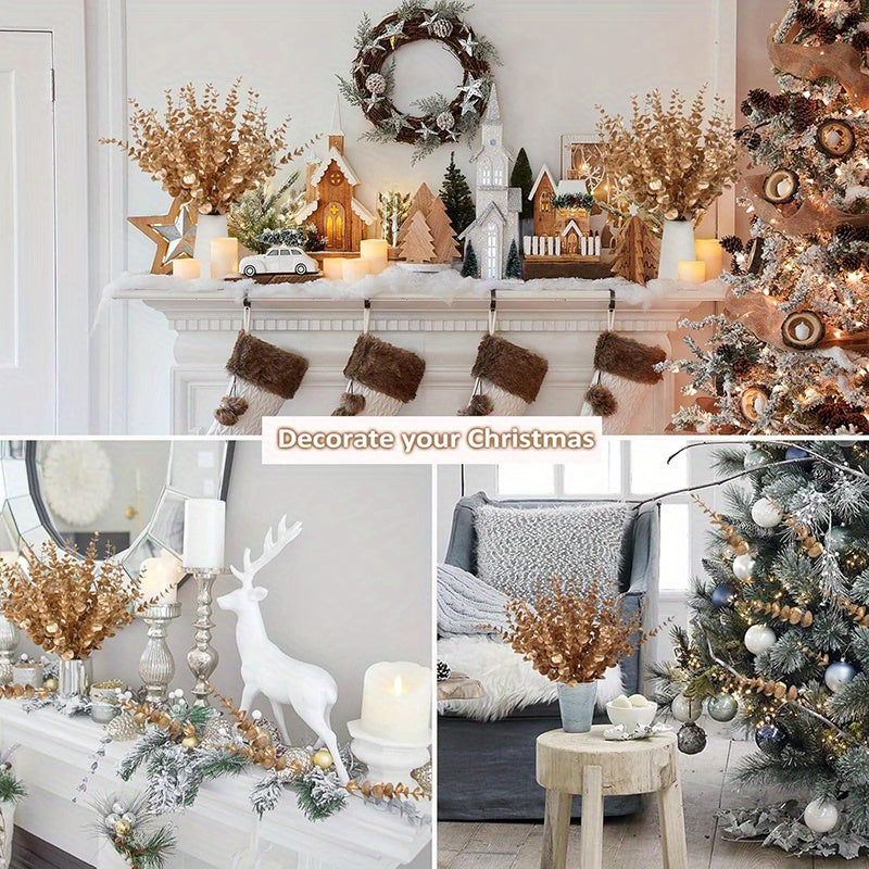 Eucalyptus Stems Artificial Eucalyptus Leaves Decor Eucalyptus Branches Fake Eucalyptus with Fake Leaves 15.35 inch Faux Eucalyptus Stem for Vase Wedding Bouquet Home (Silvery, Golden)