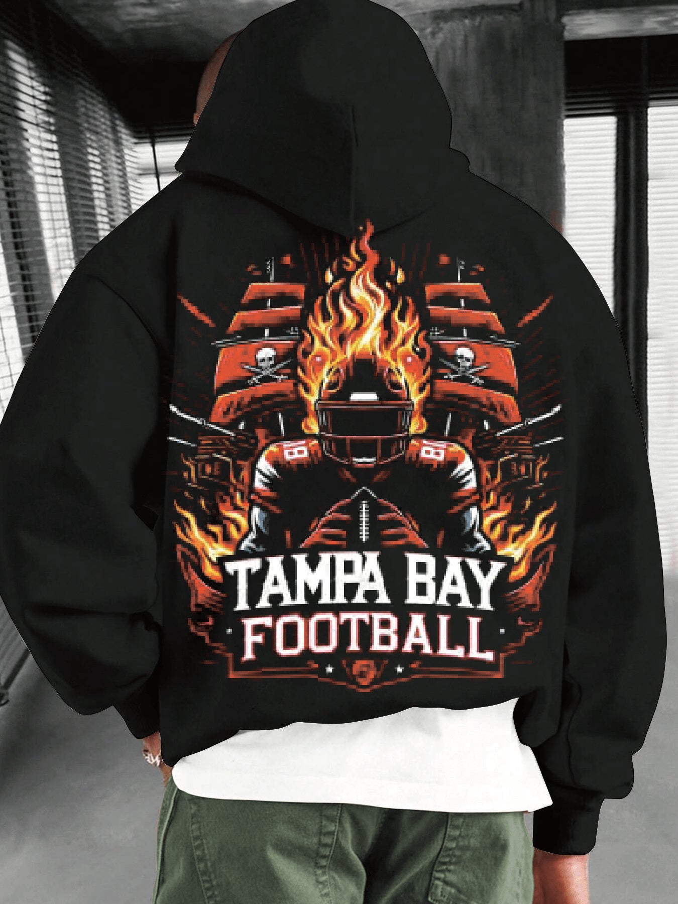 A Tampa Bay Football Pattern Hoodie, Crew Neck Sports Sweater, Regular Version Knitted Fabric, with Flame and Skull Pattern, Geometric Pattern, Slight Elasticity, Casual Style