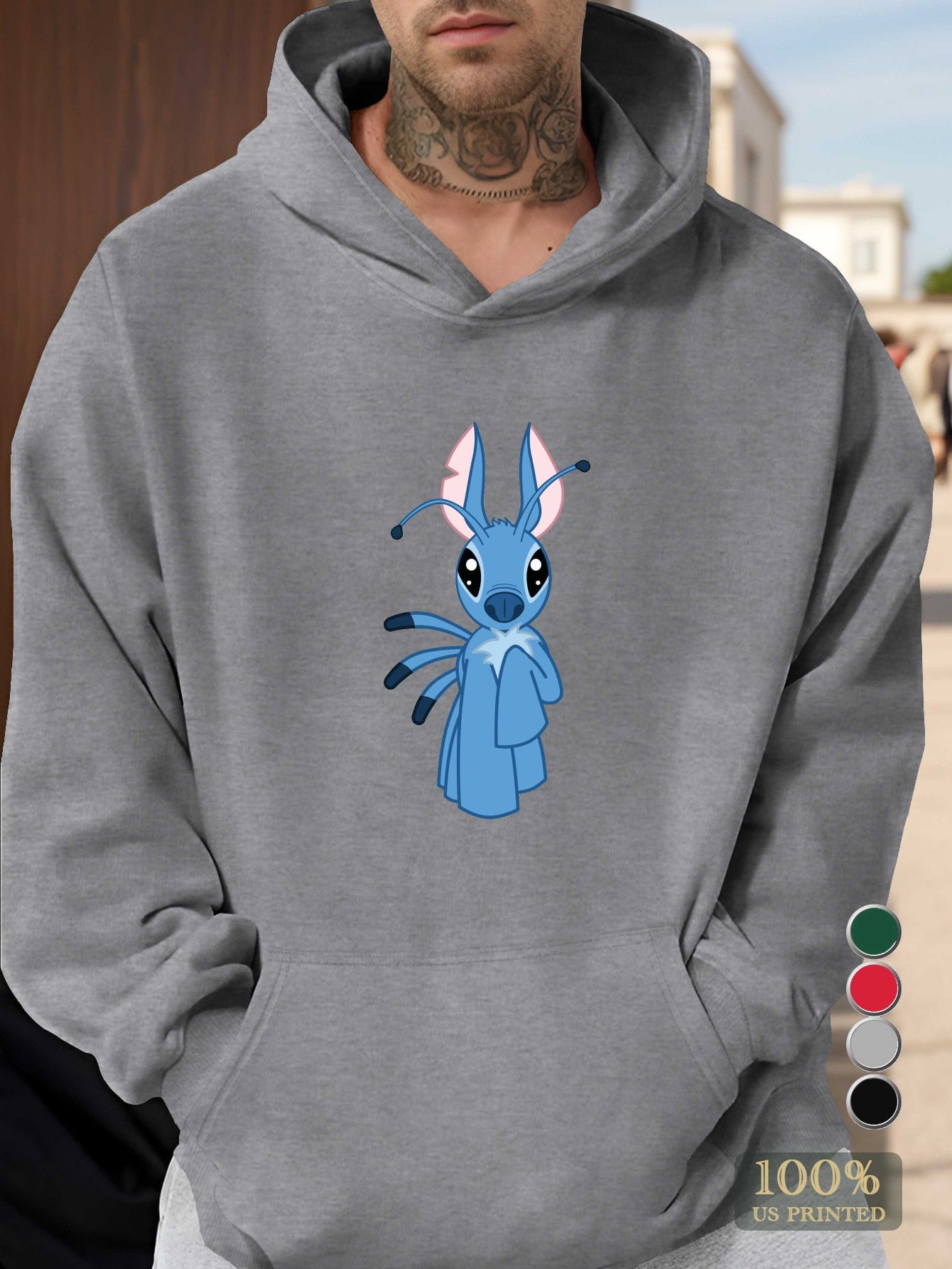Disney Stitch Men's Graphic Hoodie - Vibrant Green Relaxed Fit Pullover with Front Pocket, 100% US Printed Casual Sweatshirt for Autumn/Winter, Autumn Winter Apparel, Autumn Clothing, Streetwear Style, Cozy Fabric, Streetwear