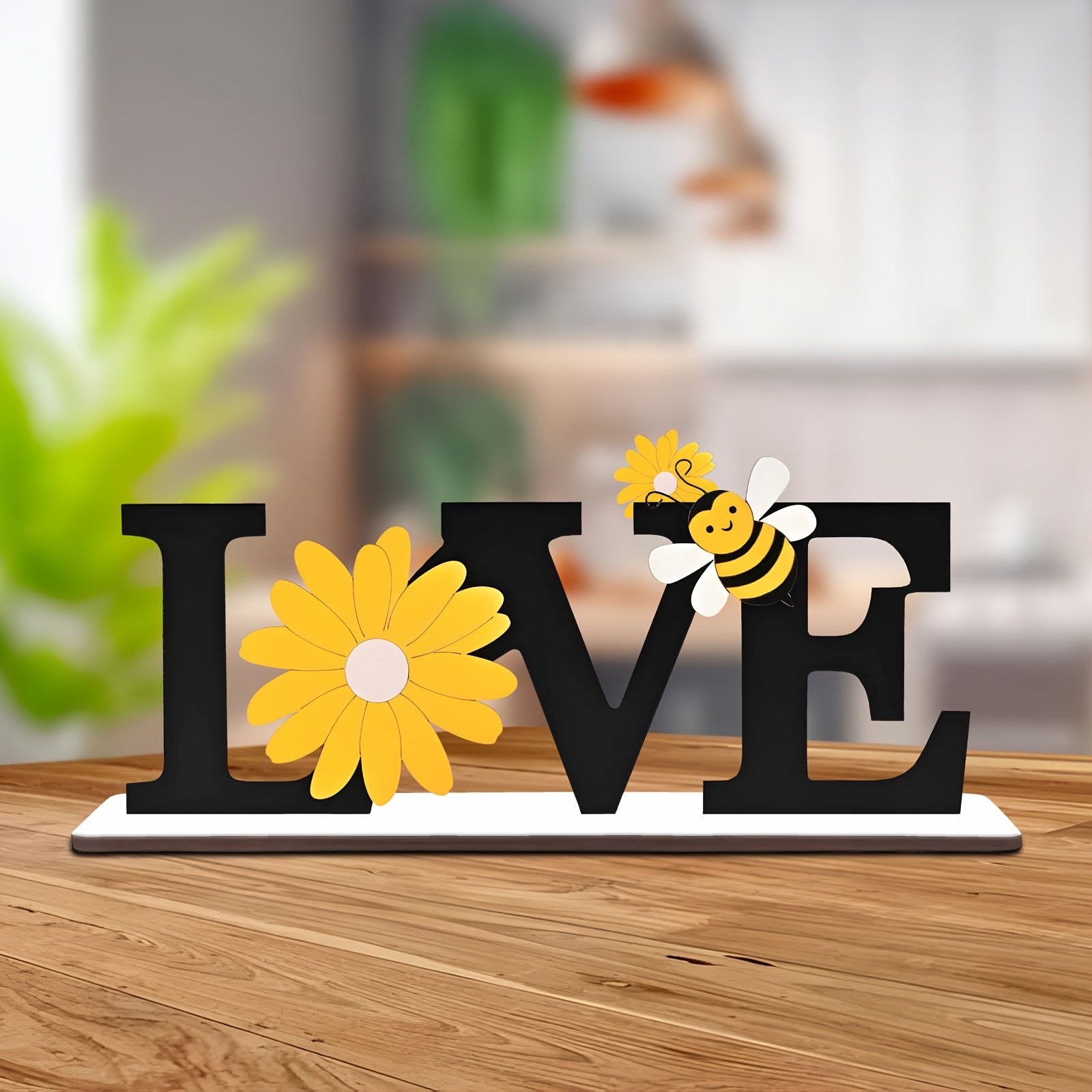 LOVE Wooden Ornament with Bees and Sunflowers, Spring Home Desktop Ornament, Suitable for Decorating Rural Cottages with Tabletops, Walls, Trays, Shelves, and Fireplaces, Charming Wooden Lifestyle Roman Summer Decoration, Bee