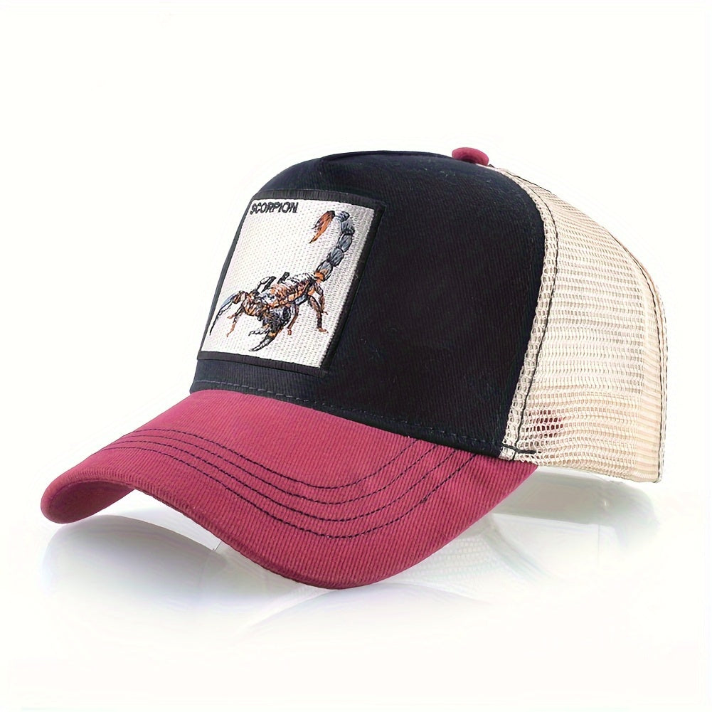 Unisex Embroidered Scorpion Baseball Cap - Breathable Mesh Trucker Hat for Outdoor Sports & Hip-Hop Style, Summer Casual Wear, Black & Beige Design with Bold 