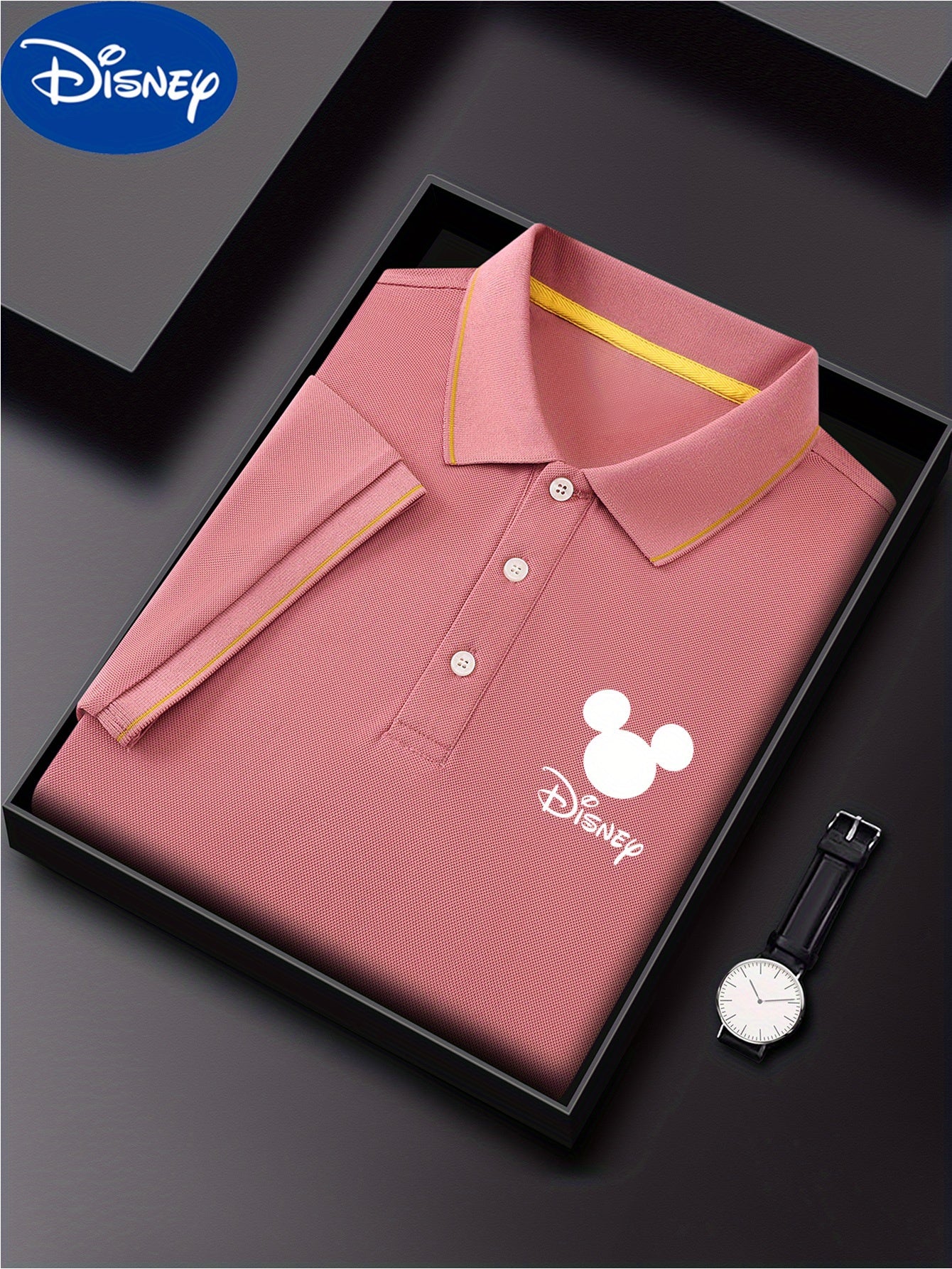 [Disney Genuine Authorized] Men's Classic Shirt One Disney Classic Shirt Cartoon Printing Advanced Business Casual, Short Sleeve Collar, Lightweight Polyester, Quick Drying and Breathable Golf Shirt, Packed in a Display Gift