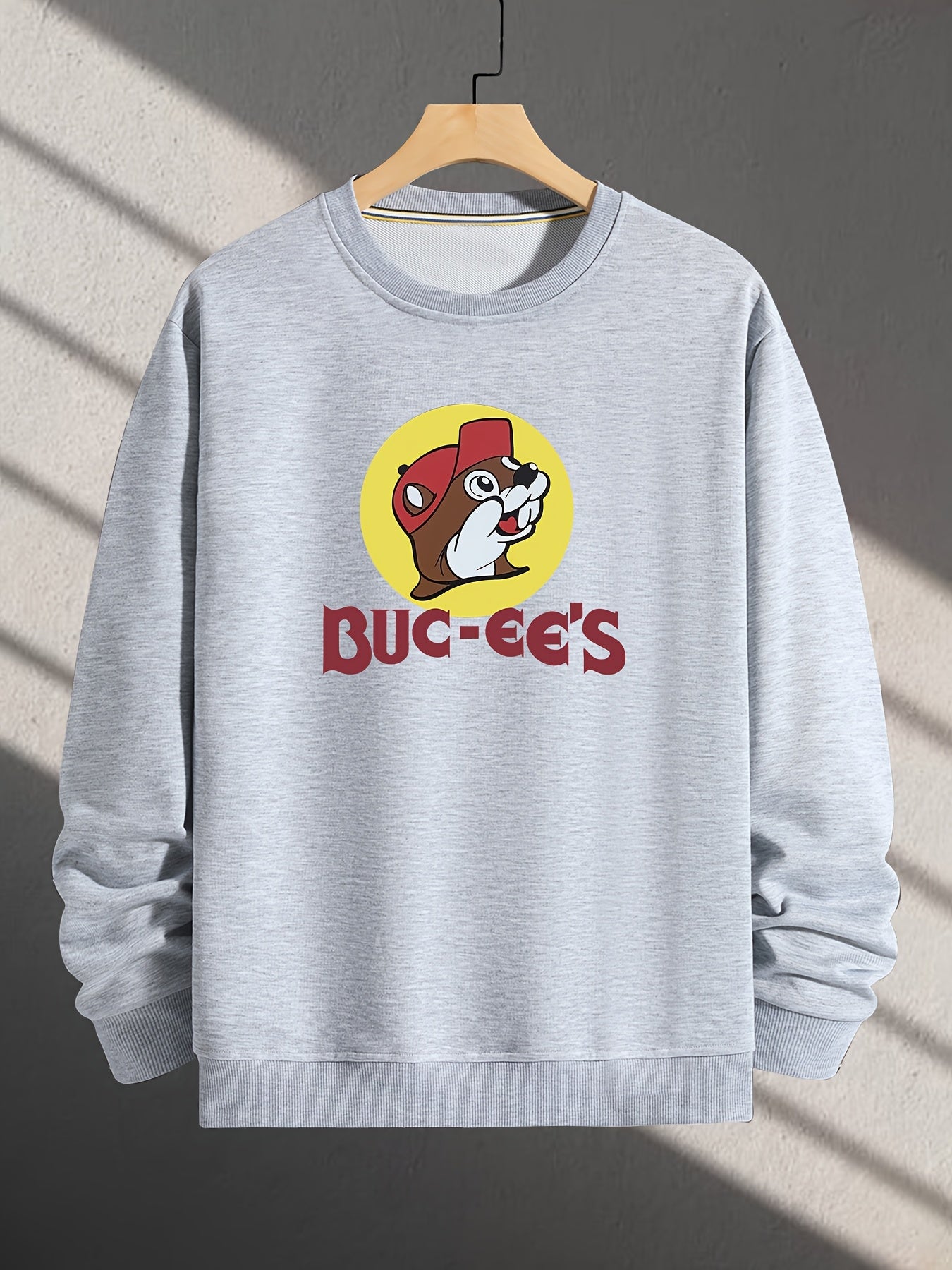 Polyester Crew Neck Sweatshirt, Long Sleeve Loose Fit with Squirrel Letter Print, Casual Outdoor Wear for Men and Women