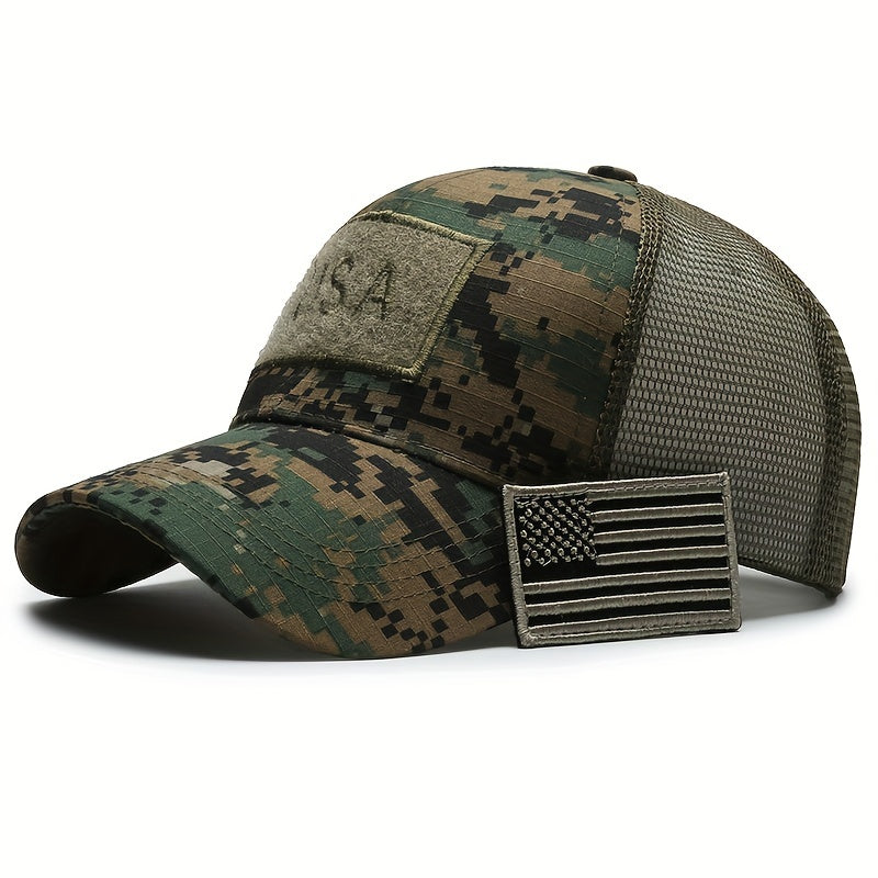Quick-Dry Breathable Polyester Tactical Camo Baseball Cap - Adjustable Button Closure, American Flag Patch, Sun Protection - Independence Day, Hiking, Fishing & Outdoor Adventures