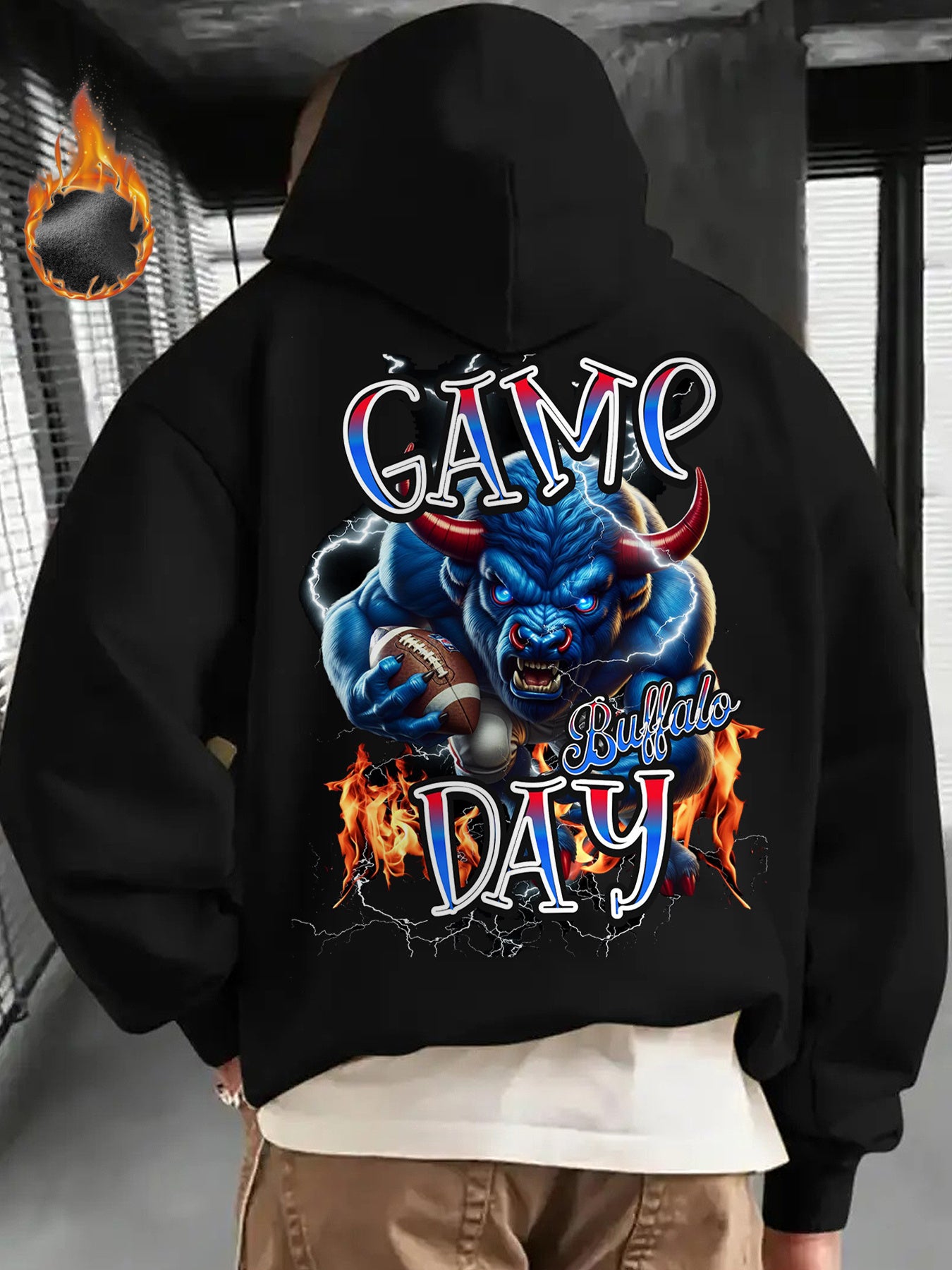 Mens Winter Clothes, Mens Gifts, Buffalo Football Graphic Hoodie, Features a Bold Design of The Buffalo Football Logo, This Hoodie Is Perfect for Football Enthusiasts, Offering Thick Warmth Ideal for Winter Wear, Equipped wit
