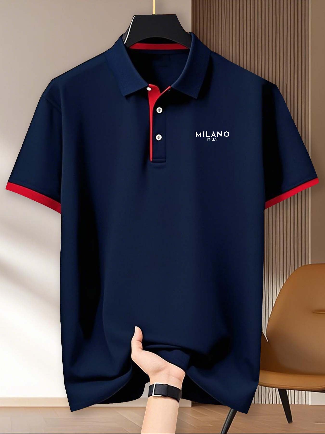 (230g) with MILANO letter print, Men's fashionable short-sleeve shirt for summer daily wear, suitable for fitness, running, and training, Men's short-sleeve golf shirt, business casual, can be used as a gift