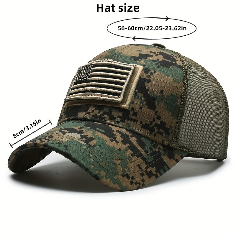 Quick-Dry Breathable Polyester Tactical Camo Baseball Cap - Adjustable Button Closure, American Flag Patch, Sun Protection - Independence Day, Hiking, Fishing & Outdoor Adventures