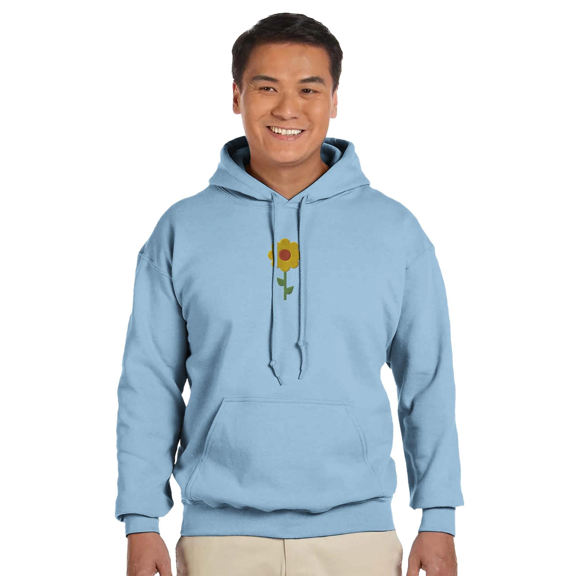 Embroidered flower hoodie, simple design, soft blend of 50% cotton and 50% polyester, double-lined hood with matching drawstring,