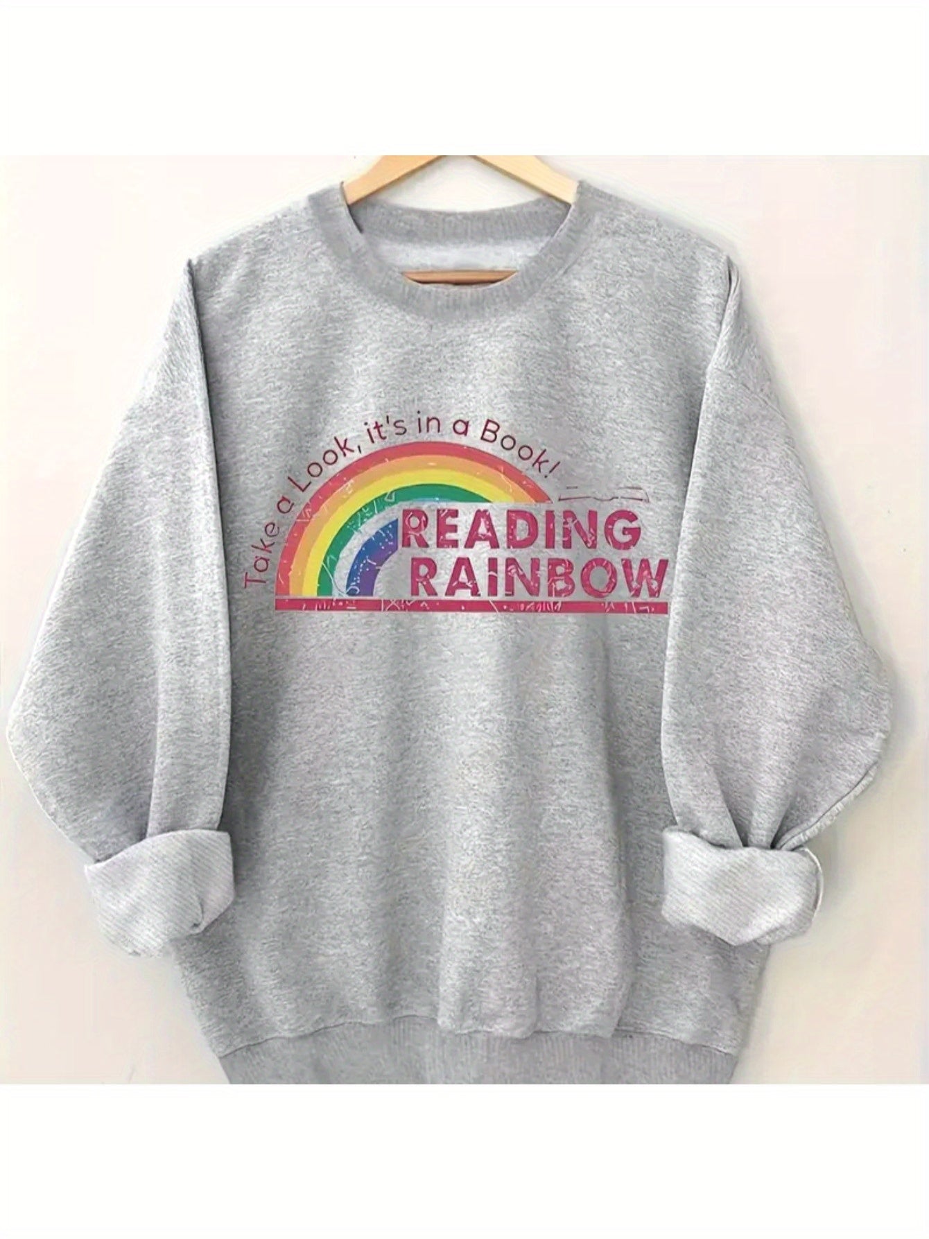 Women's Cozy Reading Rainbow Graphic Crew Neck Sweatshirt - Long Sleeve Knit Pullover for Fall/Winter, Grey Casual Sweater with 