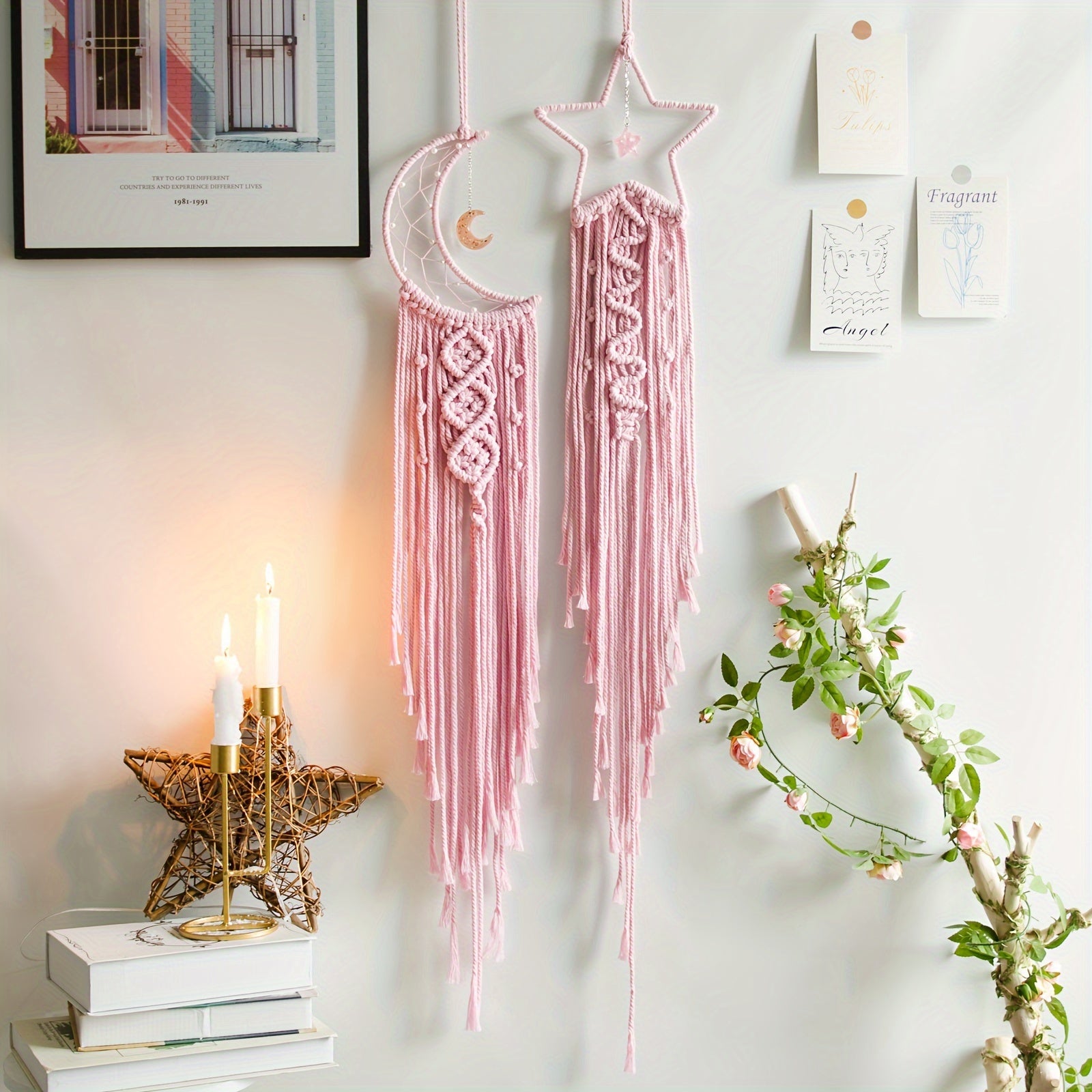 Set of 2pcs Hand-Woven XINGX and Moon Dream Catch Wall Hanging, Bohemian Home Decorative Wall Hangings Decoration, Suitable for Home Wedding Living Room Bedroom Holiday Gift Decorative Wall Hangings without Lights, Suitable f