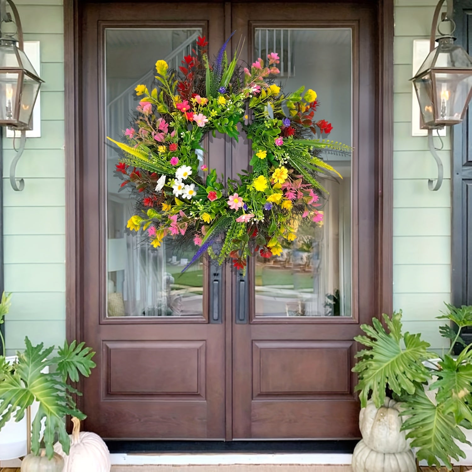 24 Inch Spring Wildflower Wreath, Texas Wildflower Wreath, Spring And Summer Wildflower Silk Wreath for Farmhouse Interior Front Door Wall Wedding Home Decor, Perfect for Thanksgiving Decorative Swags