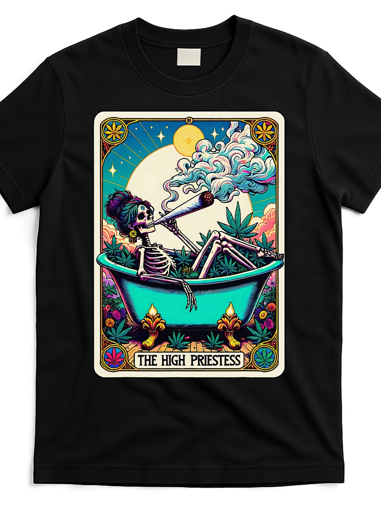 The High Priestess Retro Skeleton Marijuana Tarot Card T-Shirt - Unisex Vintage Graphic Tee with Skeleton in Bathtub & Smoke Design, Soft Breathable Cotton, Regular Fit Round Neck, Machine Washable, Black, Allseason Apparel,
