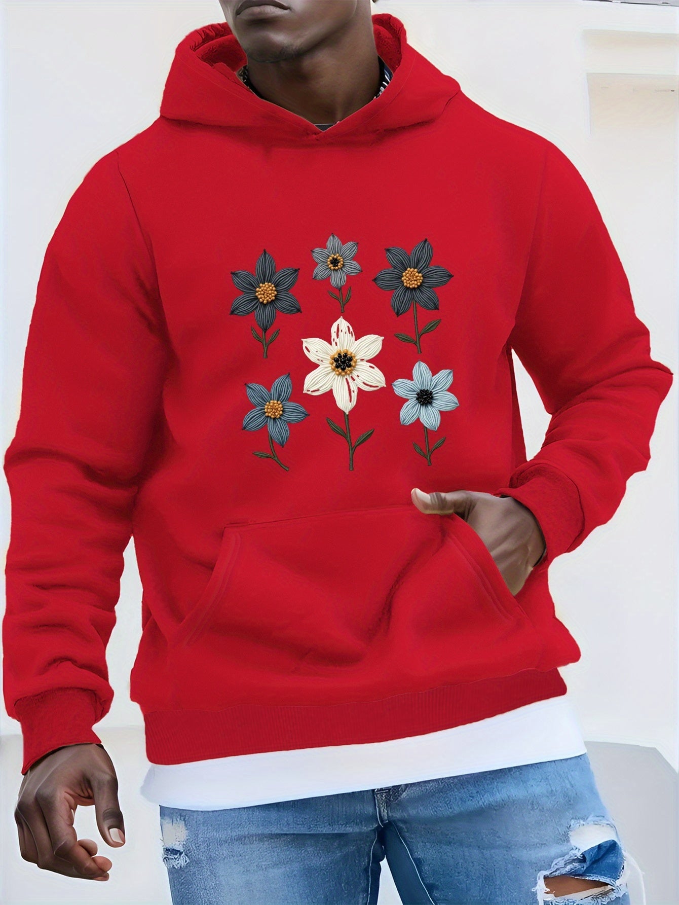 Men's Casual Hoodie with Embroidered Floral Design, Beaded Accents & Geometric Pattern - Black with Blue & Orange Flowers, Front Pockets, Machine Washable, Autumn/Winter Wear, Essential Hoodie