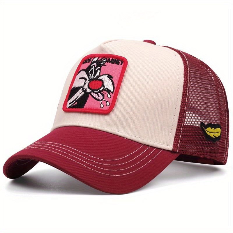 1pc Unisex Adjustable Breathable Trucker Hat with Cartoon Embroidery, Mesh Back Panel & Durable Textile Material - Mixed Color Baseball Cap for Outdoor Sports, Casual Wear, Gift