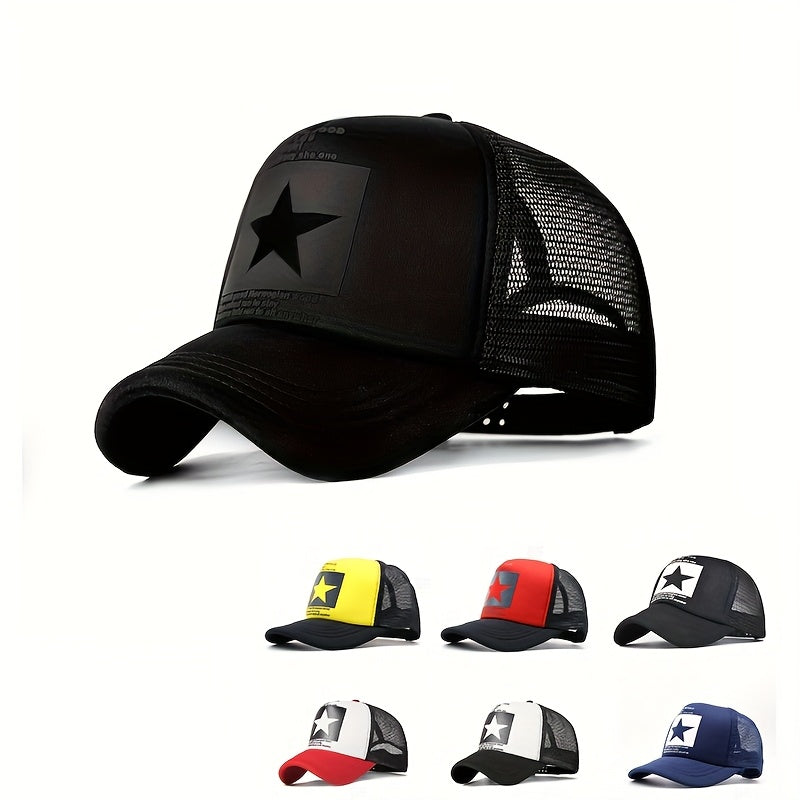 OKOIUM Breathable Mesh Trucker Cap with Star Patch - Adjustable Baseball Hat in Black, Yellow, Red, Blue, and White - Lightweight Sun Protection for Outdoor Sports, Golf, Fishing, and Casual Wear