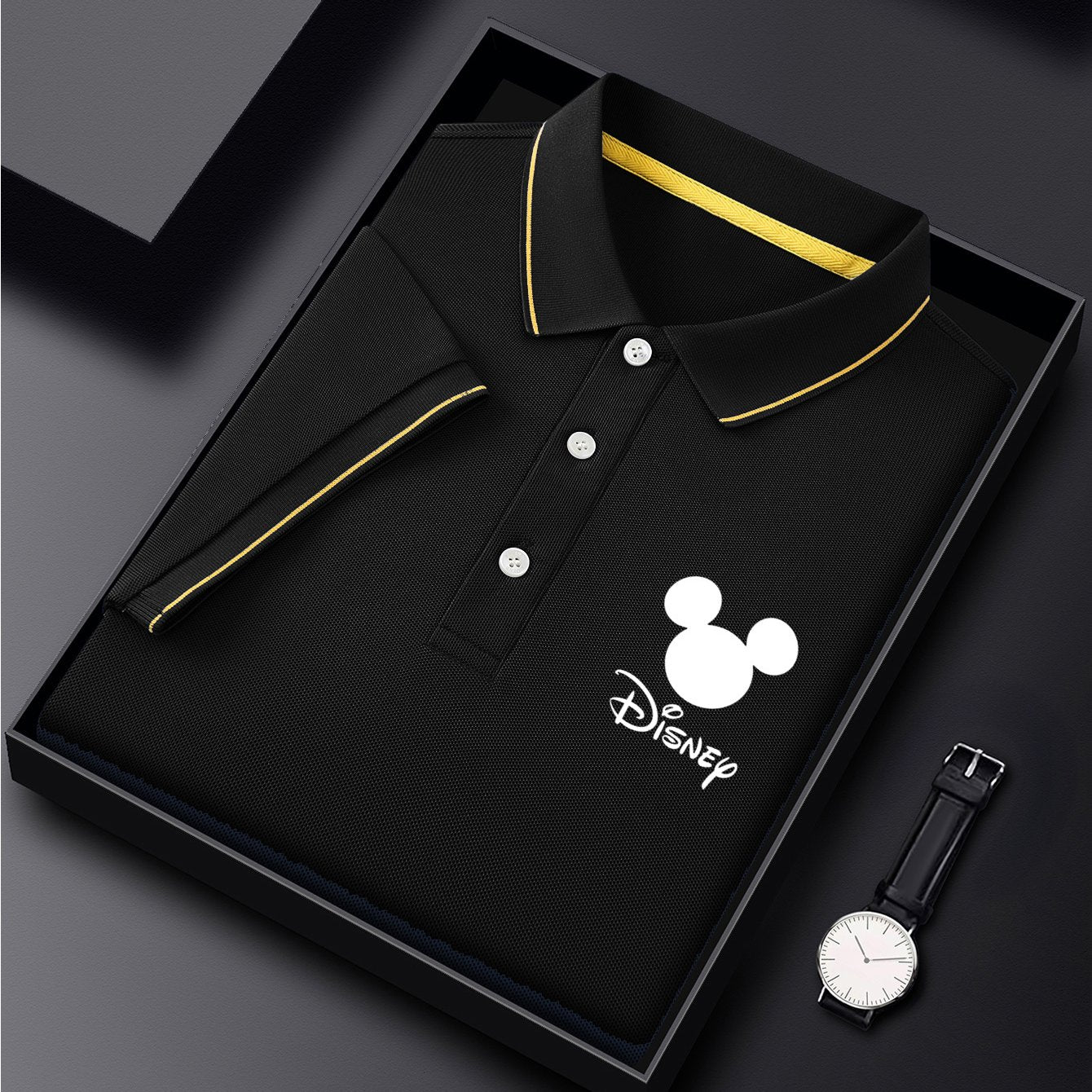 [Disney Genuine Authorized] Men's Classic Shirt One Disney Classic Shirt Cartoon Printing Advanced Business Casual, Short Sleeve Collar, Lightweight Polyester, Quick Drying and Breathable Golf Shirt, Packed in a Display Gift