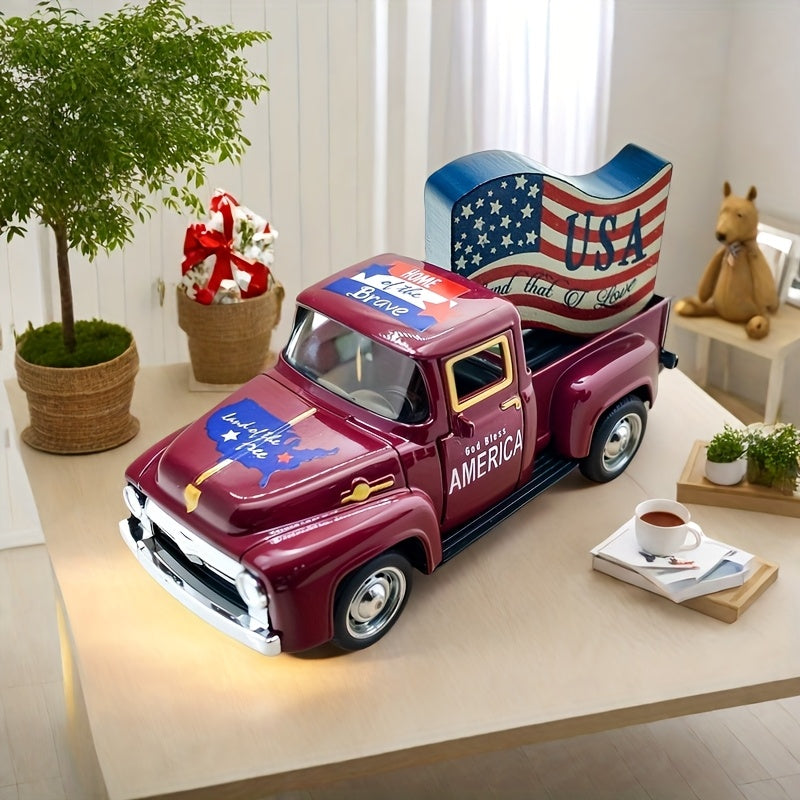 Vintage Blue Truck with American Flag Decor, July 4th Wooden Figurine - Patriotic Memorial Day & Independence Day Home Shelf Decoration, No Electricity Needed, Truck Decor