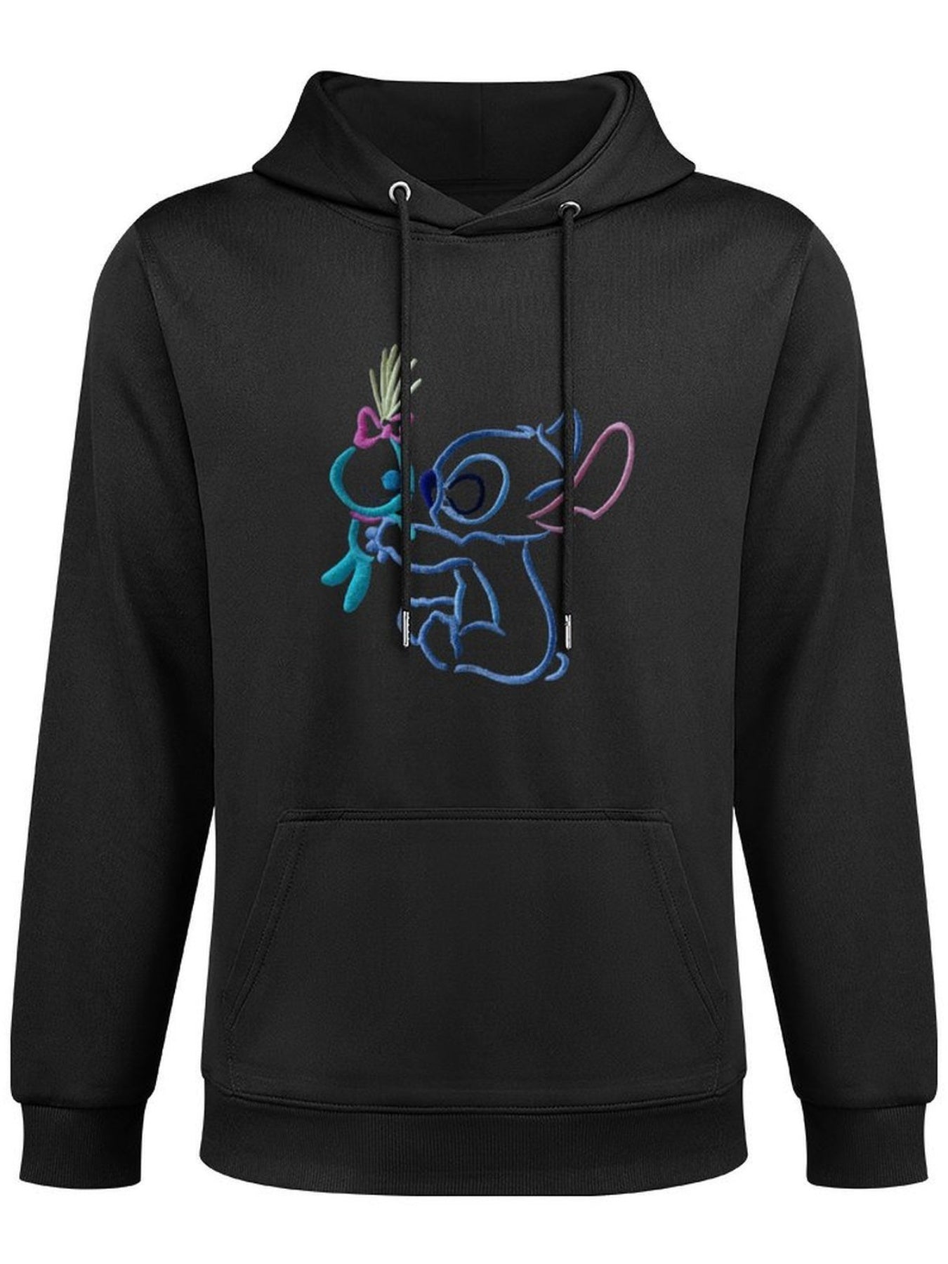Disney Men's Black Retro Pullover Hoodie with Stitch & Angel Embroidery Art & Disney Friends Digital Print, Soft Regular Fit Casual Sweatshirt, Machine Washable, Front Pockets, Disney Hoodie, Durable Fabric