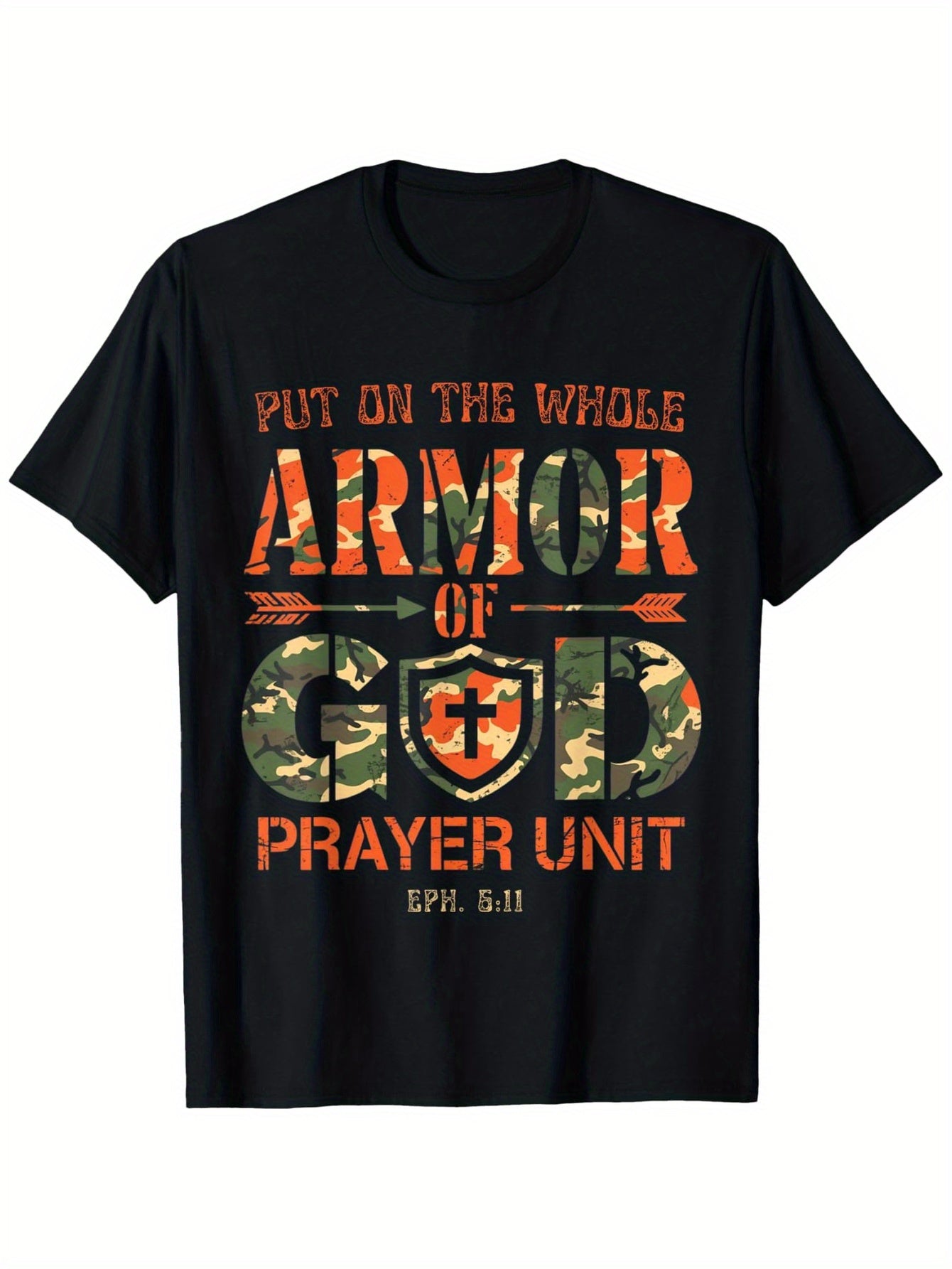 Men's Vintage Camo Armor of God Christian T-Shirt - Ephesians 6:11 Scripture & Prayer Unit Design, Black Camouflage Print, Regular Fit Casual Tee, Machine Washable, Spiritual Clothing | Bold Graphic Shirt | Allseason Wear
