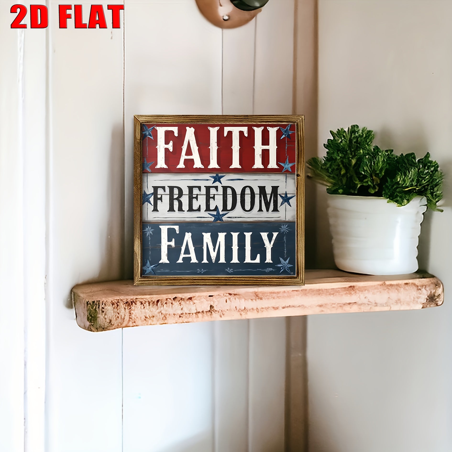 [2D FLAT]8x8 Inch Rustic Wood Wall Art Sign - Farmhouse Style Faith Freedom Family Decor with Distressed White Background & Red/Blue Stars, No Electricity Needed, Easy Wall-Mounted for Kitchen Bathroom Living Room Entryway, H
