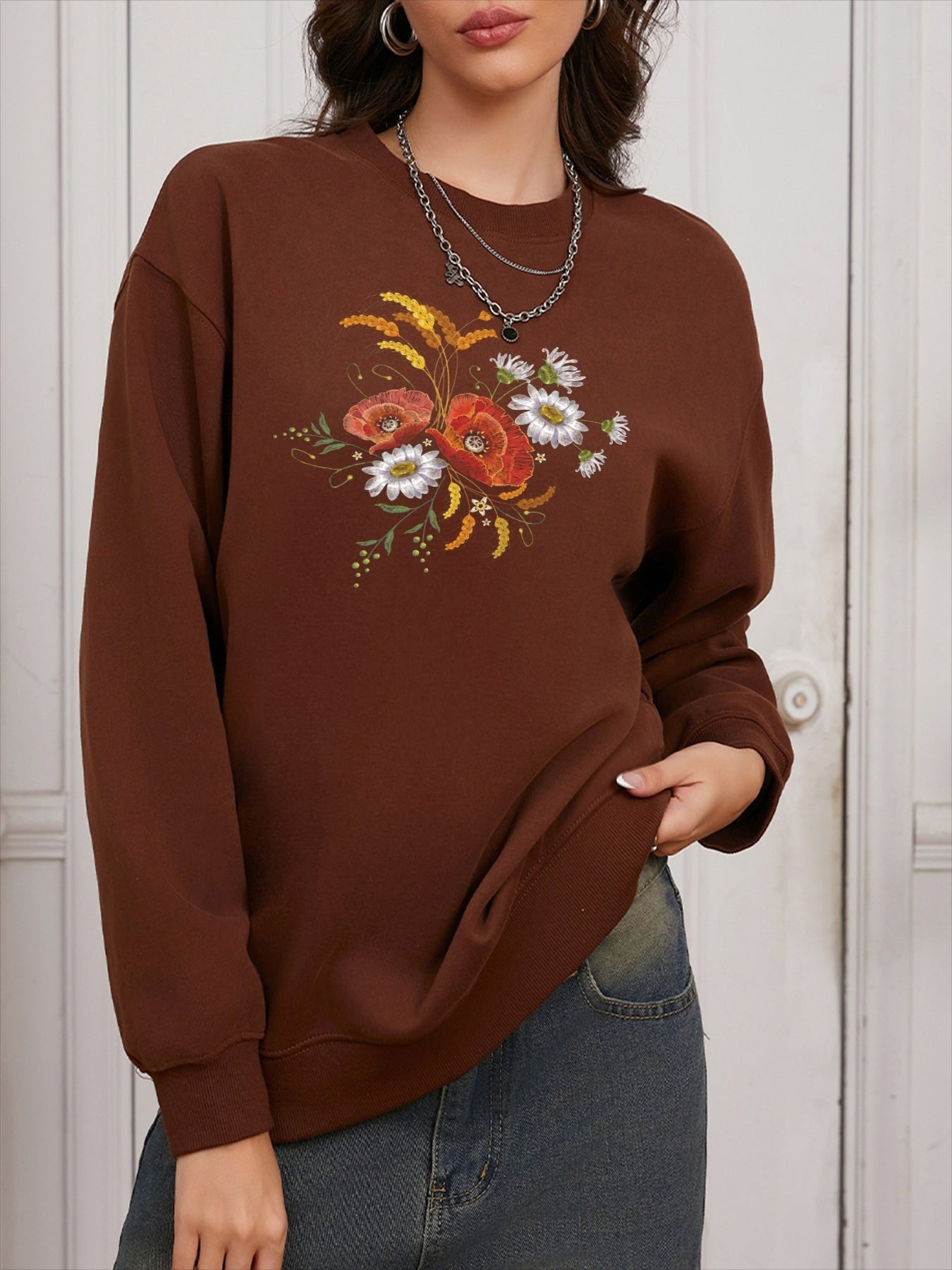 Women's Casual Versatile Fashion Round Neck Long Sleeve Cotton Pullover Sweatshirt