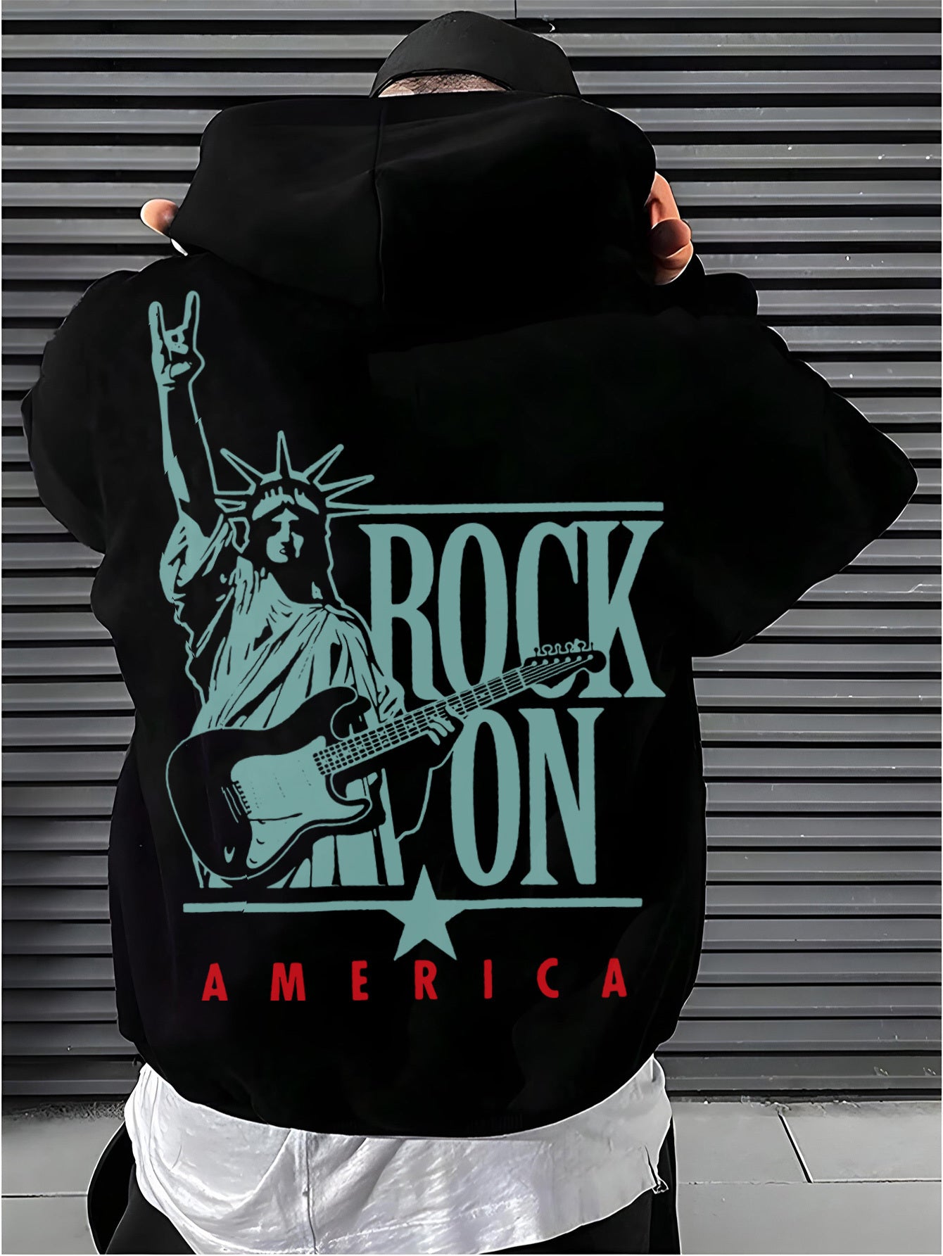 Men's Rock On America Hoodie with Statue of Liberty Graphic - Casual Black Polyester Sweatshirt, Long Sleeve, Machine Washable, Ideal for Fall and Winter Outdoor Activities