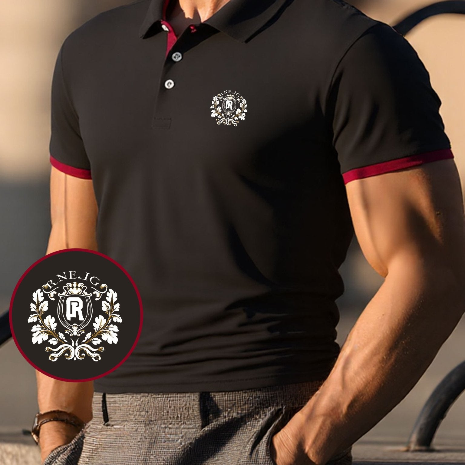 Men's Summer Short-Sleeve Shirt - Breathable Knit Fabric with Geometric Badge Pattern, Sweat Absorbent Casual Sportswear, Regular Fit Button-Up Collar for Outdoor, Parties & Casual Attire, Outdoor Activities, Stylish Sportswe